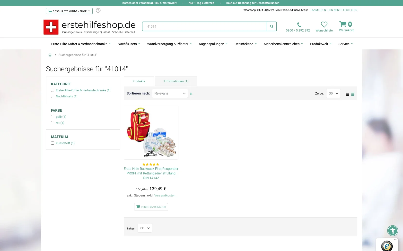 Screenshot-Beleg: erstehilfeshop.de — Kriterium 2.2 Suche per Artikelnr./PZN/REF