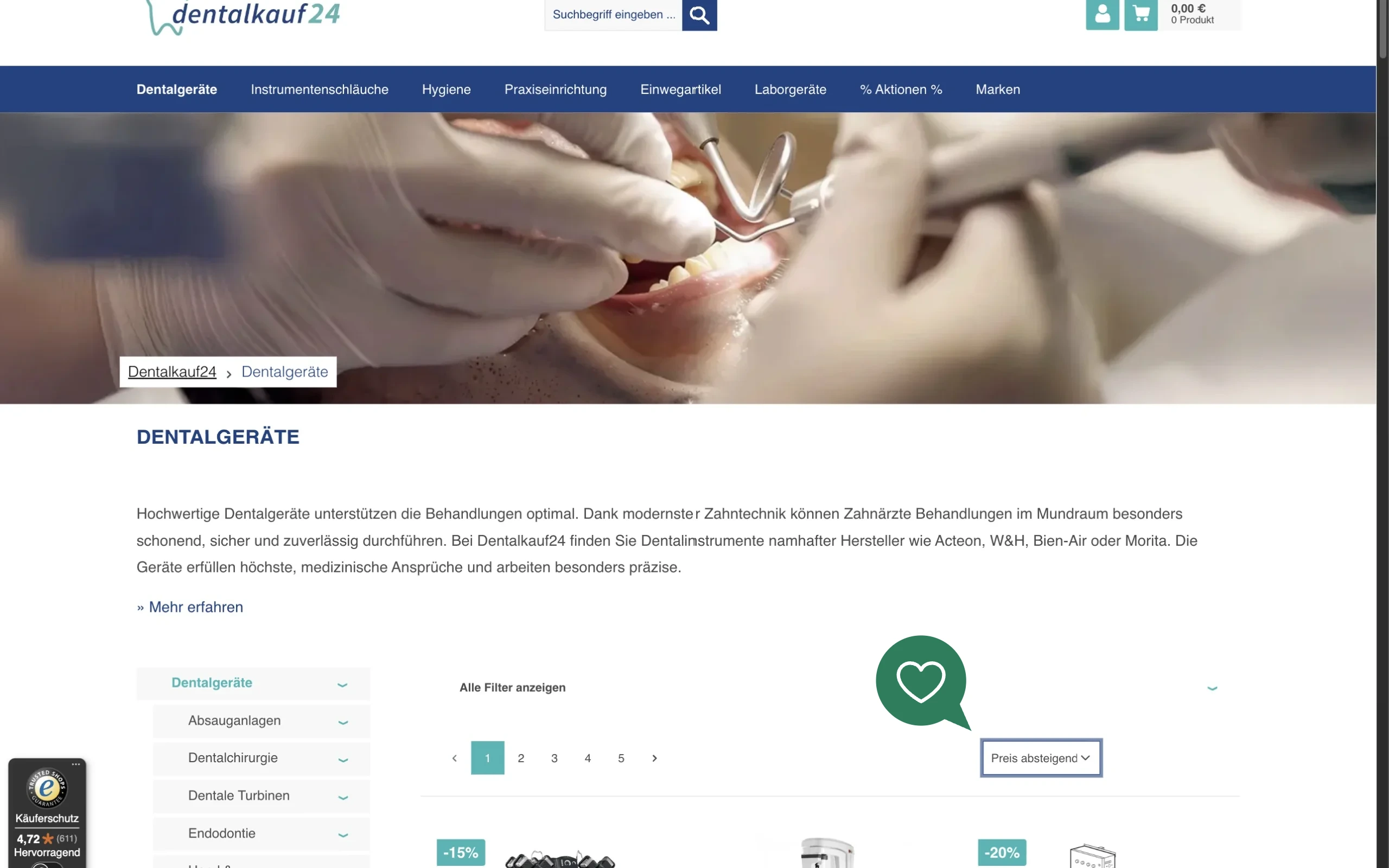 Screenshot-Beleg: Dentalkauf24 — Kriterium 3.2 Sortieroptionen