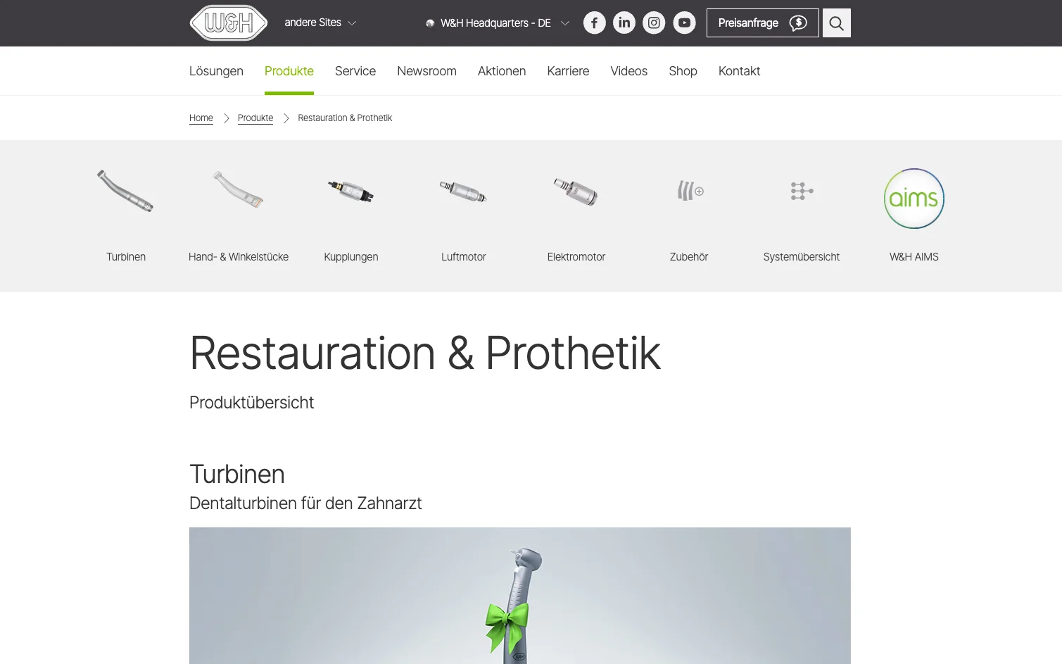 Screenshot-Beleg: W&H Dentalwerk — Kriterium 2.1 Suchfeld persistent in Top-Bar
