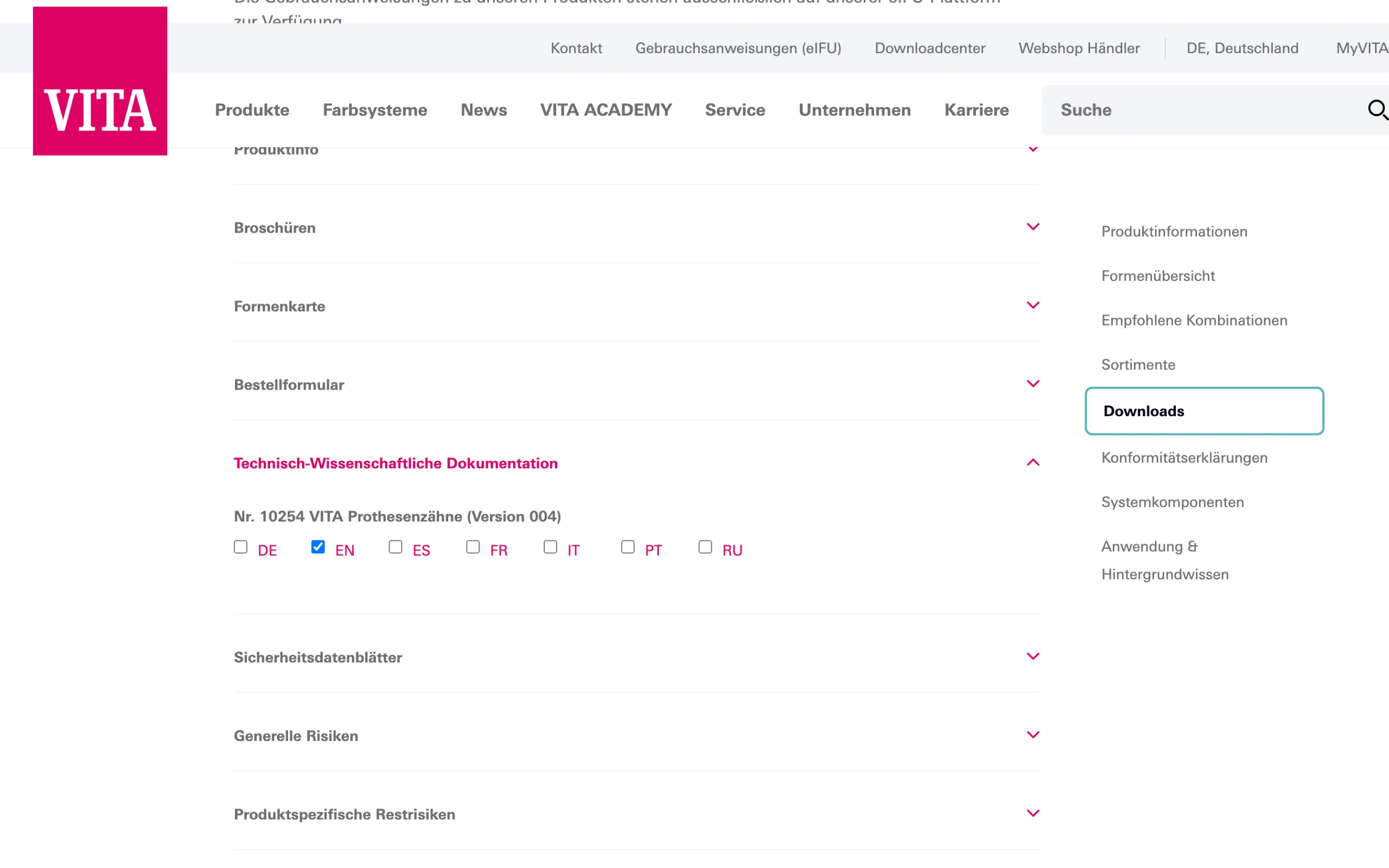 Screenshot-Beleg: VITA Zahnfabrik — Kriterium 4.5 Klinische Studien / Evidenz