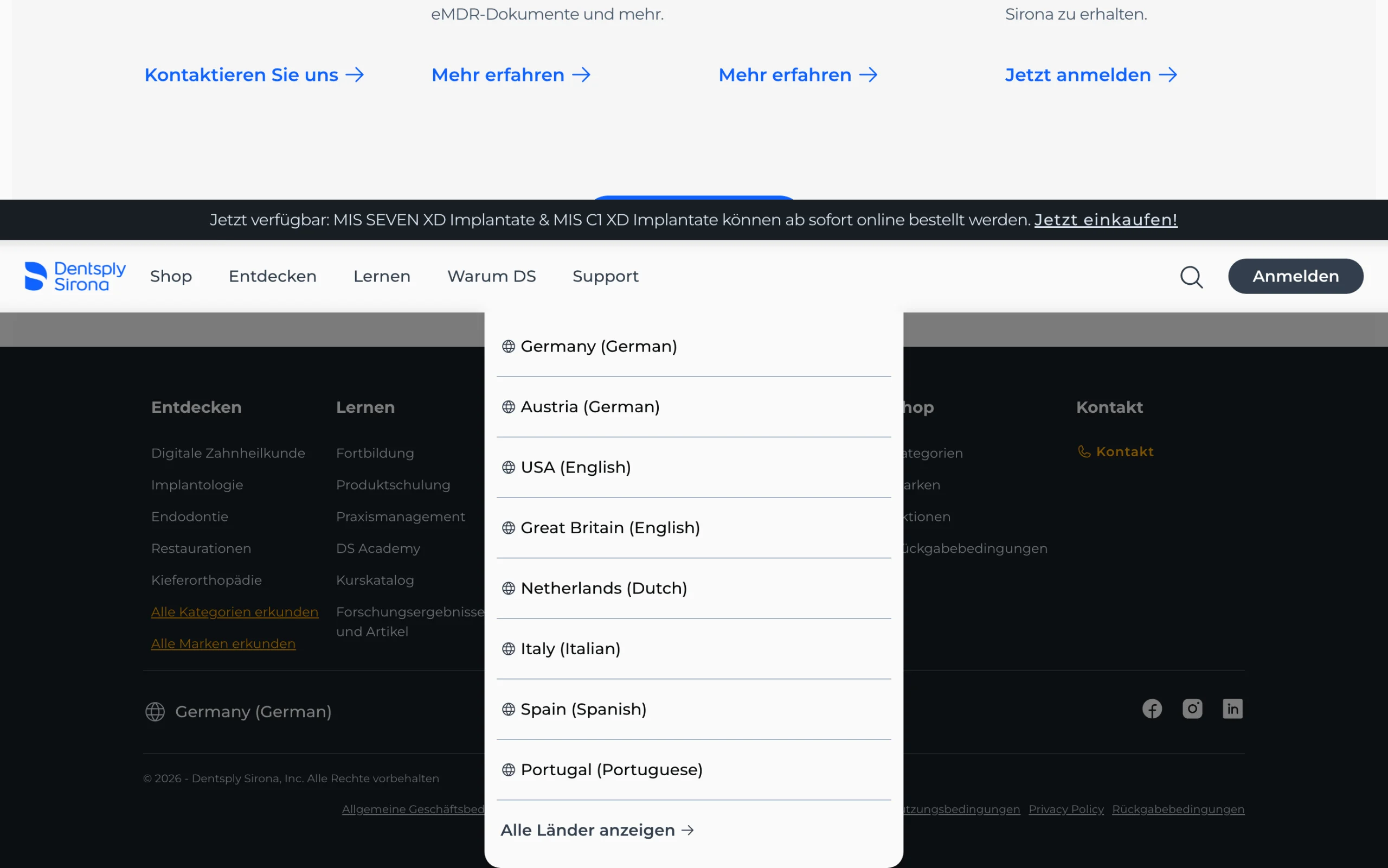 Screenshot-Beleg: Dentsply Sirona — Kriterium 1.5 Sprachauswahl