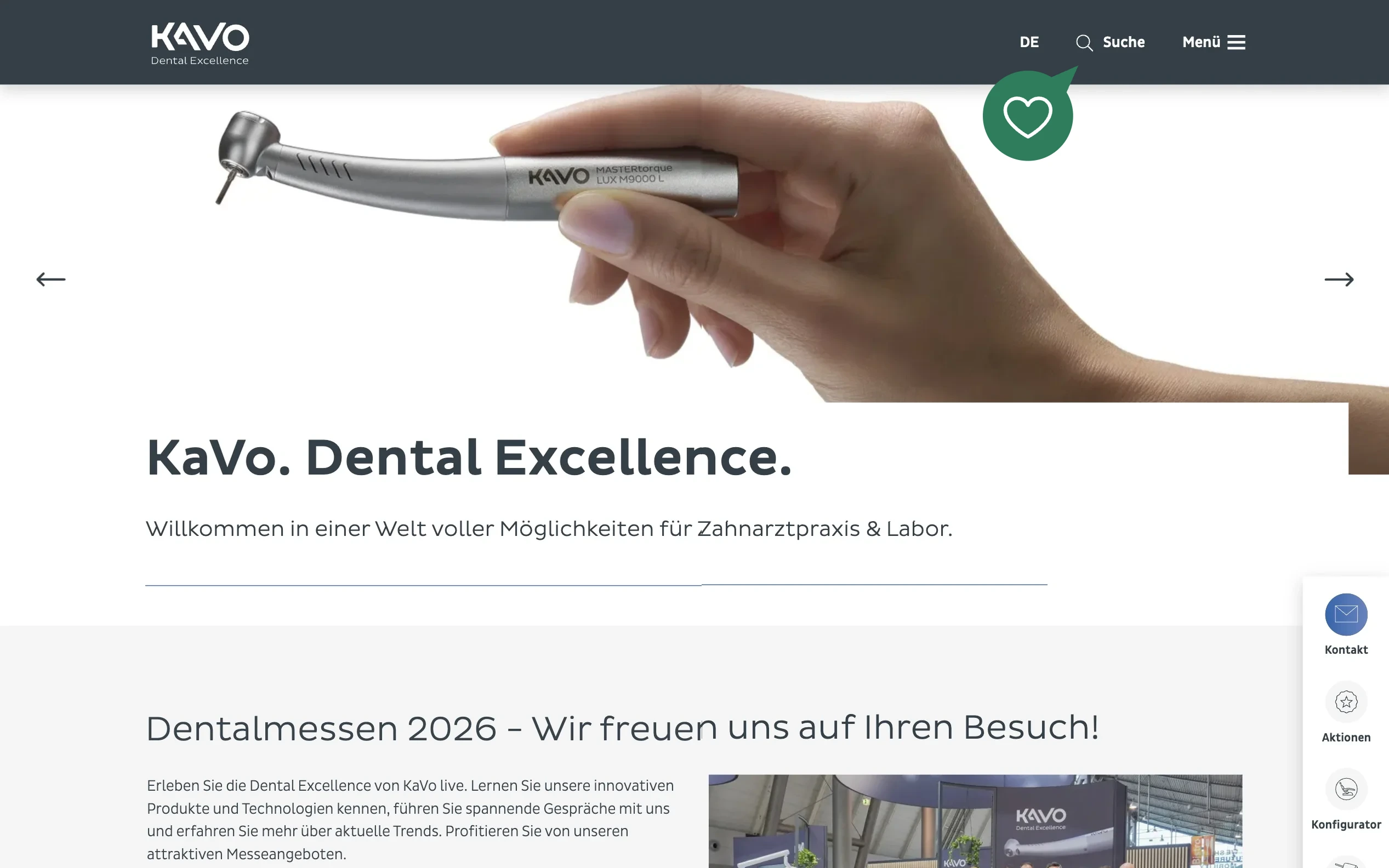 Screenshot-Beleg: KaVo Dental — Kriterium 2.1 Suchfeld persistent in Top-Bar