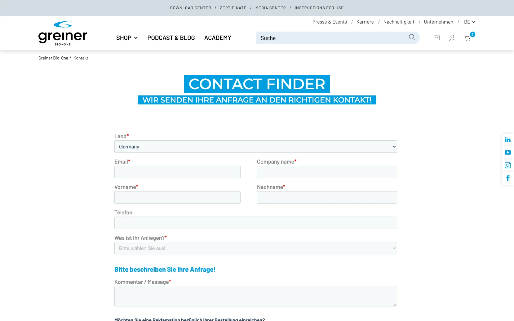 Screenshot-Beleg: Greiner Bio-One — Kriterium 6.1 Kontaktmöglichkeiten präsent