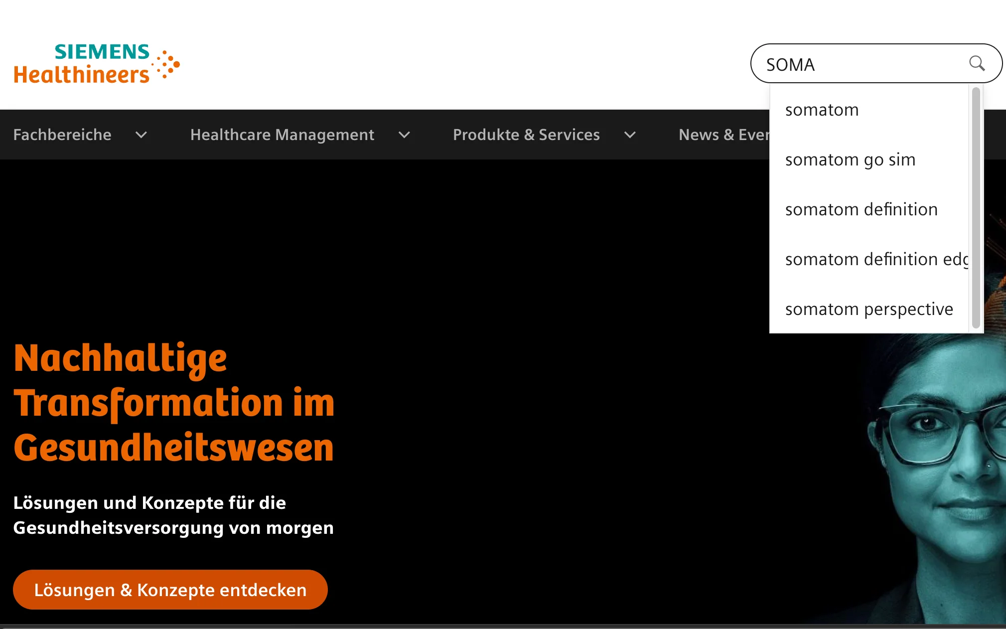 Screenshot-Beleg: Siemens Healthineers — Kriterium 2.3 Suchvorschläge während der Eingabe