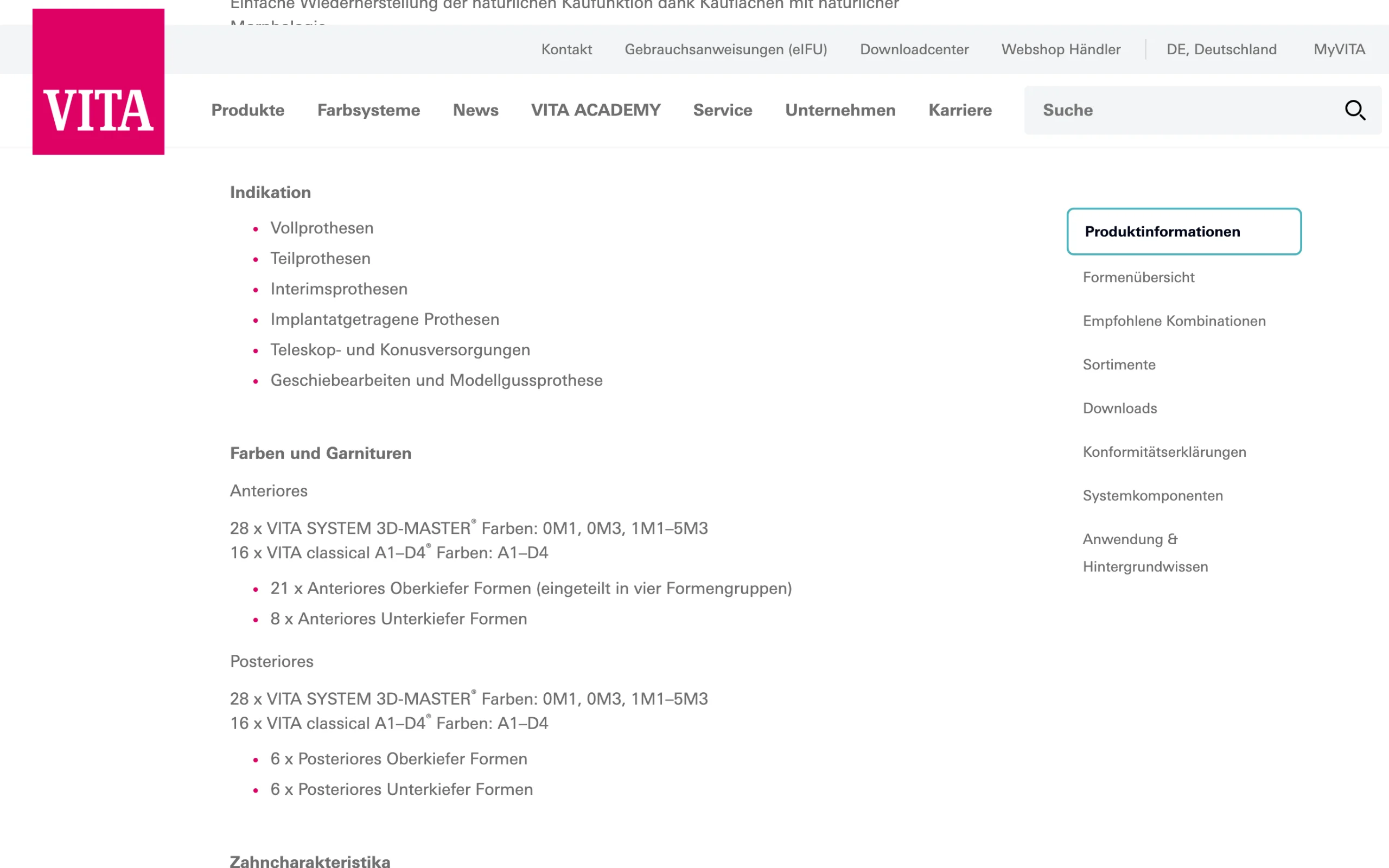 Screenshot-Beleg: VITA Zahnfabrik — Kriterium 4.3 Strukturierte Produktinformation