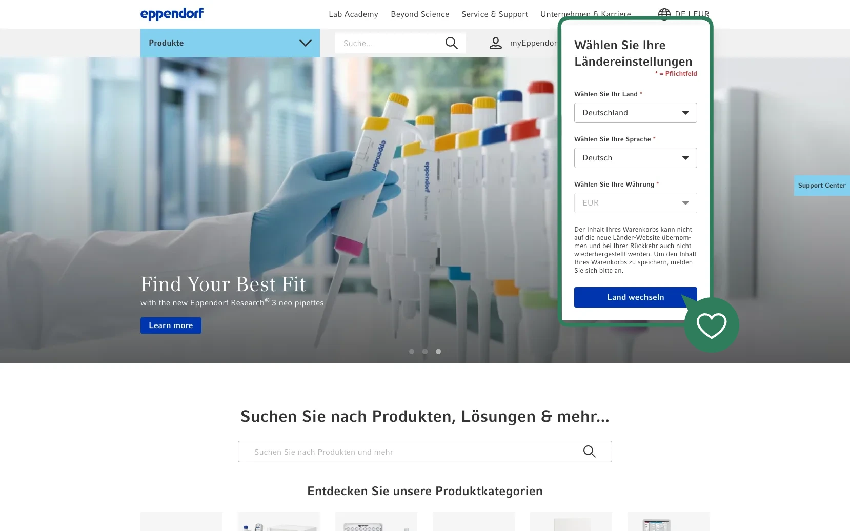 Screenshot-Beleg: Eppendorf — Kriterium 1.5 Sprachauswahl