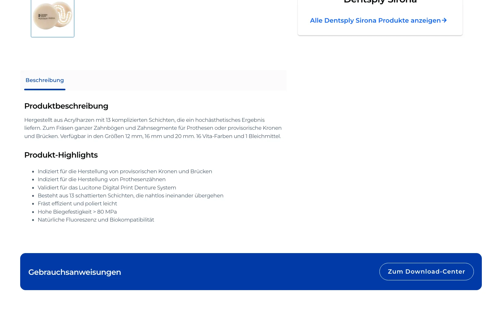 Screenshot-Beleg: Dentsply Sirona — Kriterium 4.3 Strukturierte Produktinformation
