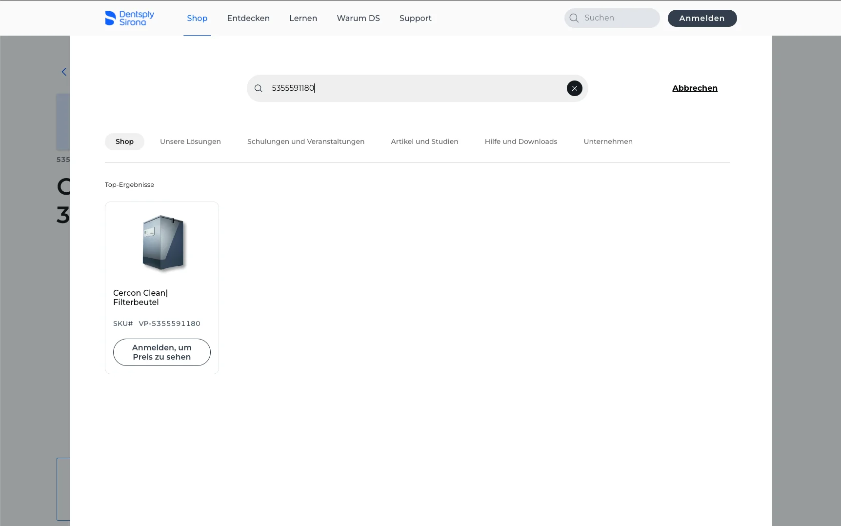 Screenshot-Beleg: Dentsply Sirona — Kriterium 2.2 Suche per Artikelnr./PZN/REF
