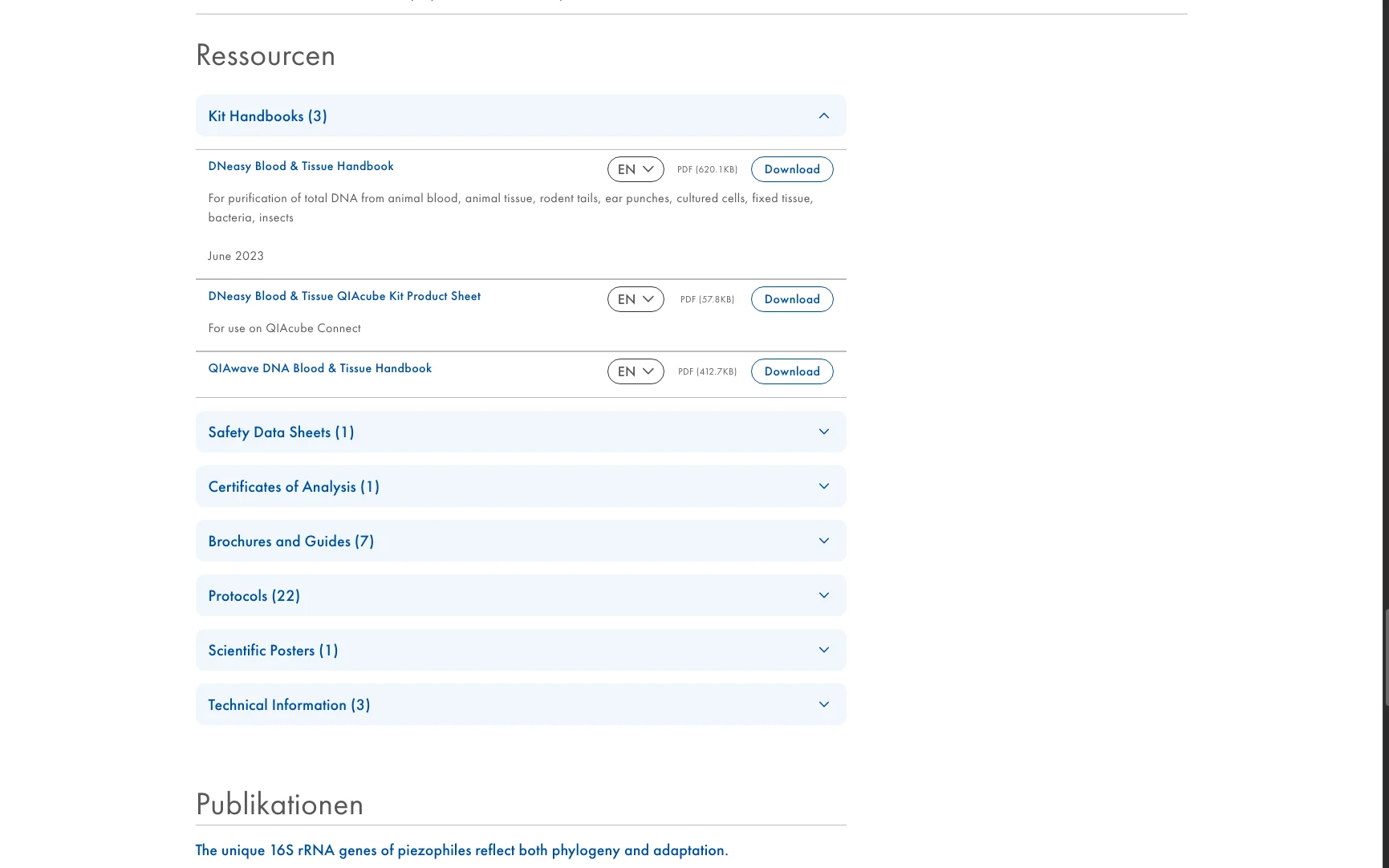 Screenshot-Beleg: QIAGEN — Kriterium 4.2 Tech. Dokumente downloadbar