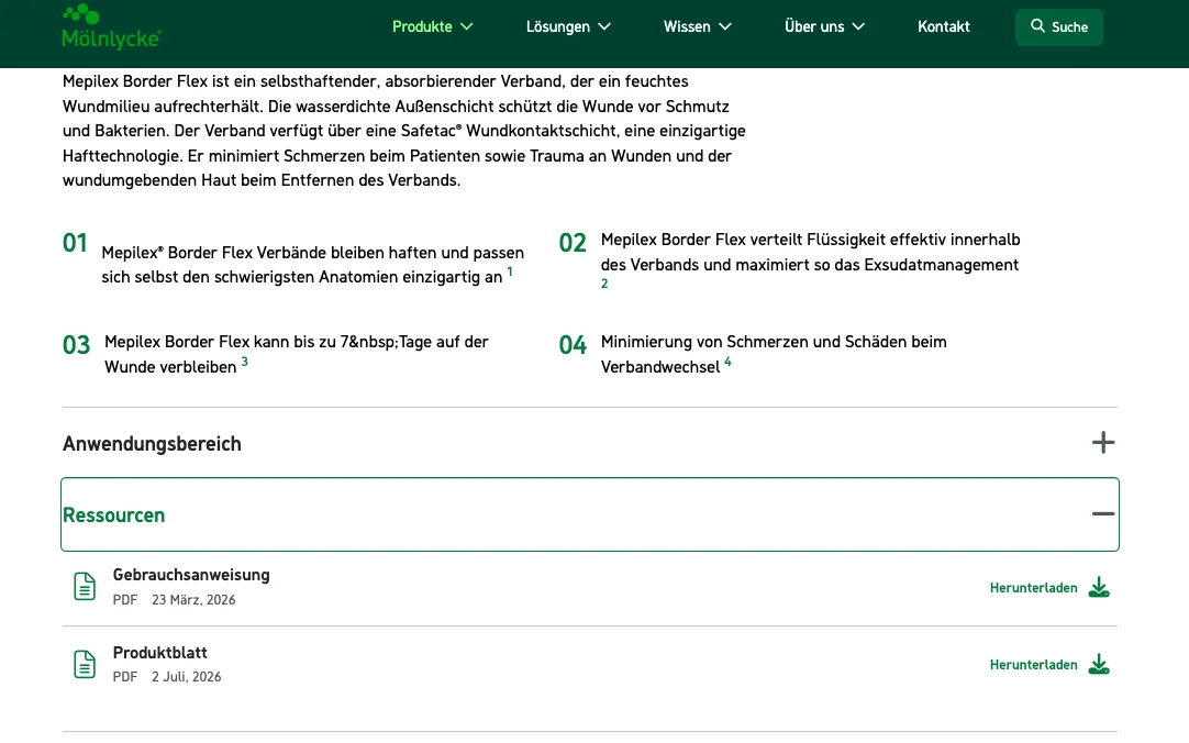 Screenshot-Beleg: Mölnlycke Health Care — Kriterium 4.2 Tech. Dokumente downloadbar