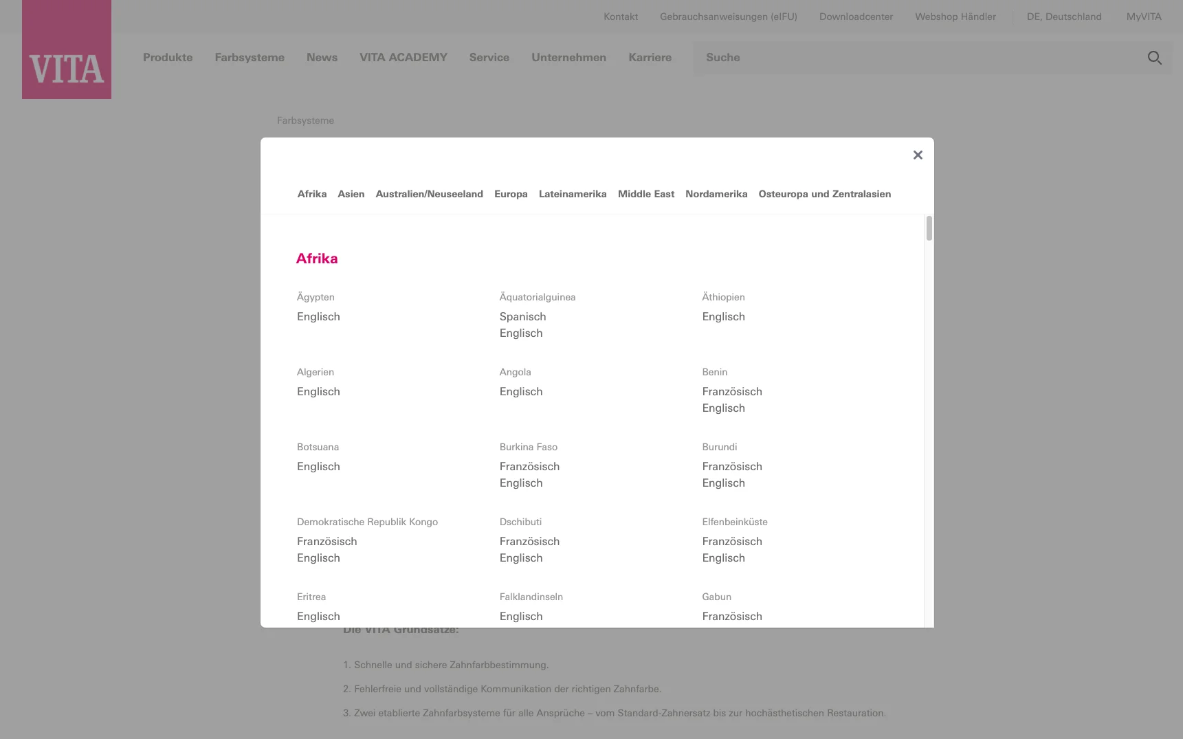 Screenshot-Beleg: VITA Zahnfabrik — Kriterium 1.5 Sprachauswahl