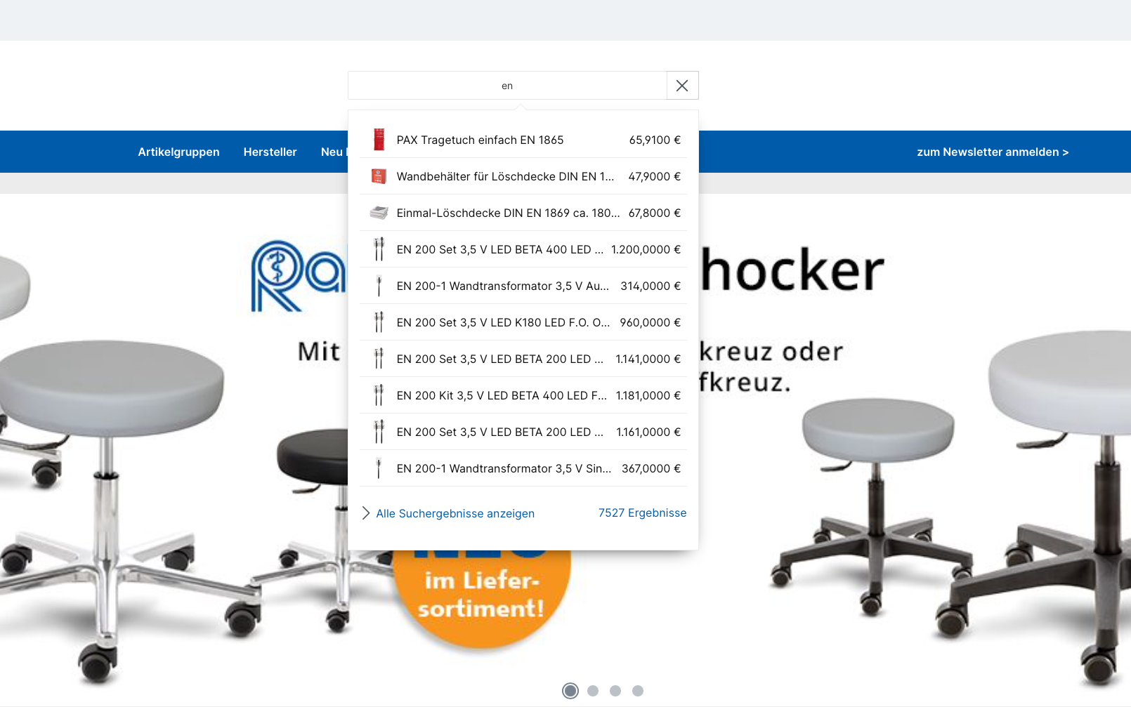 Screenshot-Beleg: Megro — Kriterium 2.3 Suchvorschläge während der Eingabe