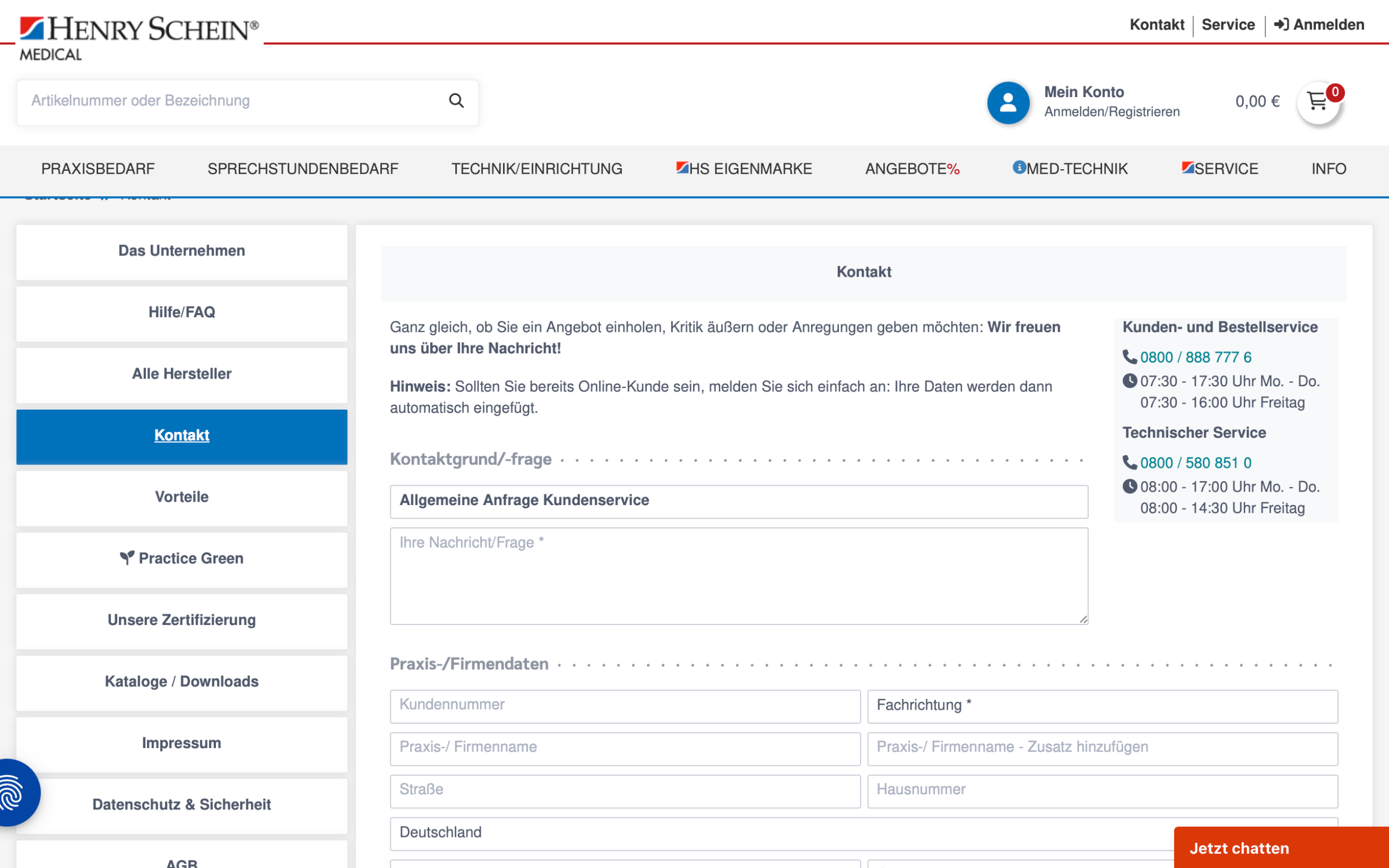 Screenshot-Beleg: Henry Schein Medical — Kriterium 6.1 Kontaktmöglichkeiten präsent