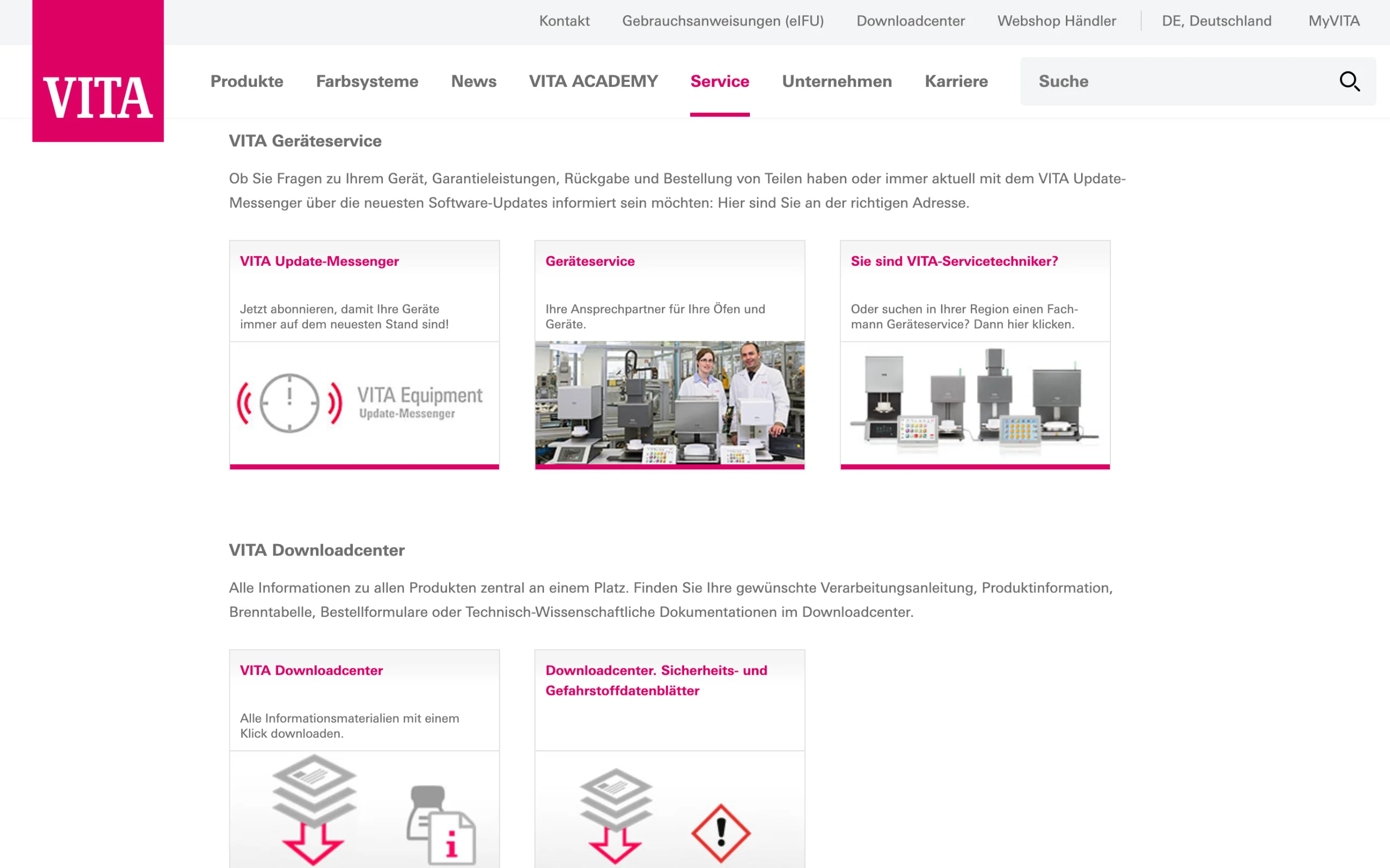 Screenshot-Beleg: VITA Zahnfabrik — Kriterium 6.5 Service- / Wartungs-Bereich