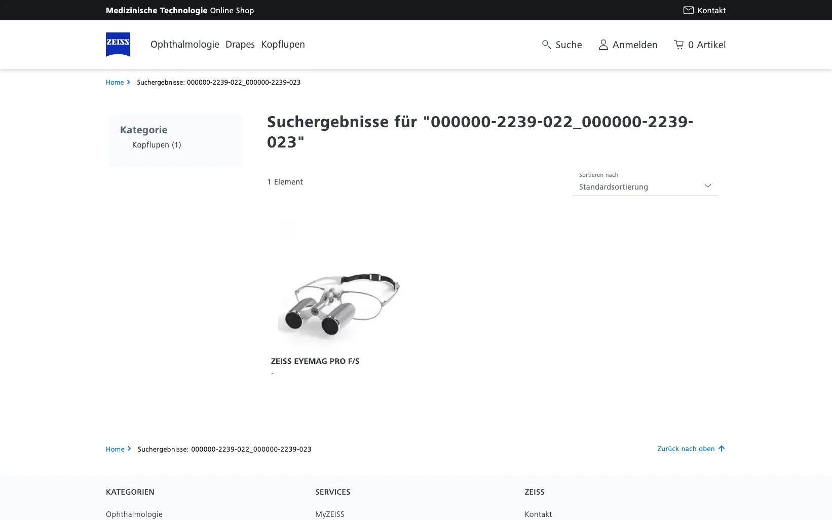 Screenshot-Beleg: Carl Zeiss Meditec — Kriterium 2.2 Suche per Artikelnr./PZN/REF