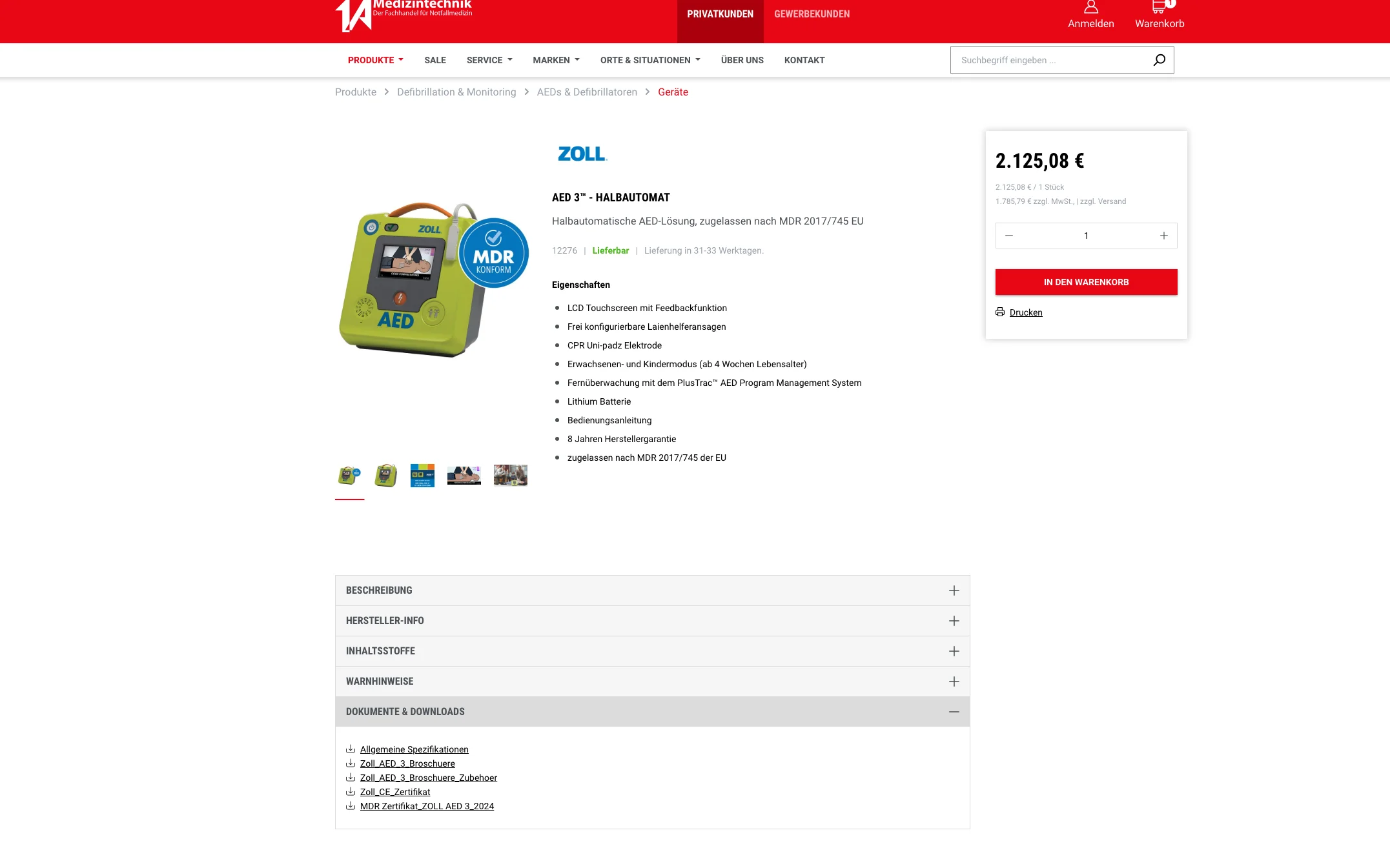 Screenshot-Beleg: 1a-medizintechnik — Kriterium 4.2 Tech. Dokumente downloadbar