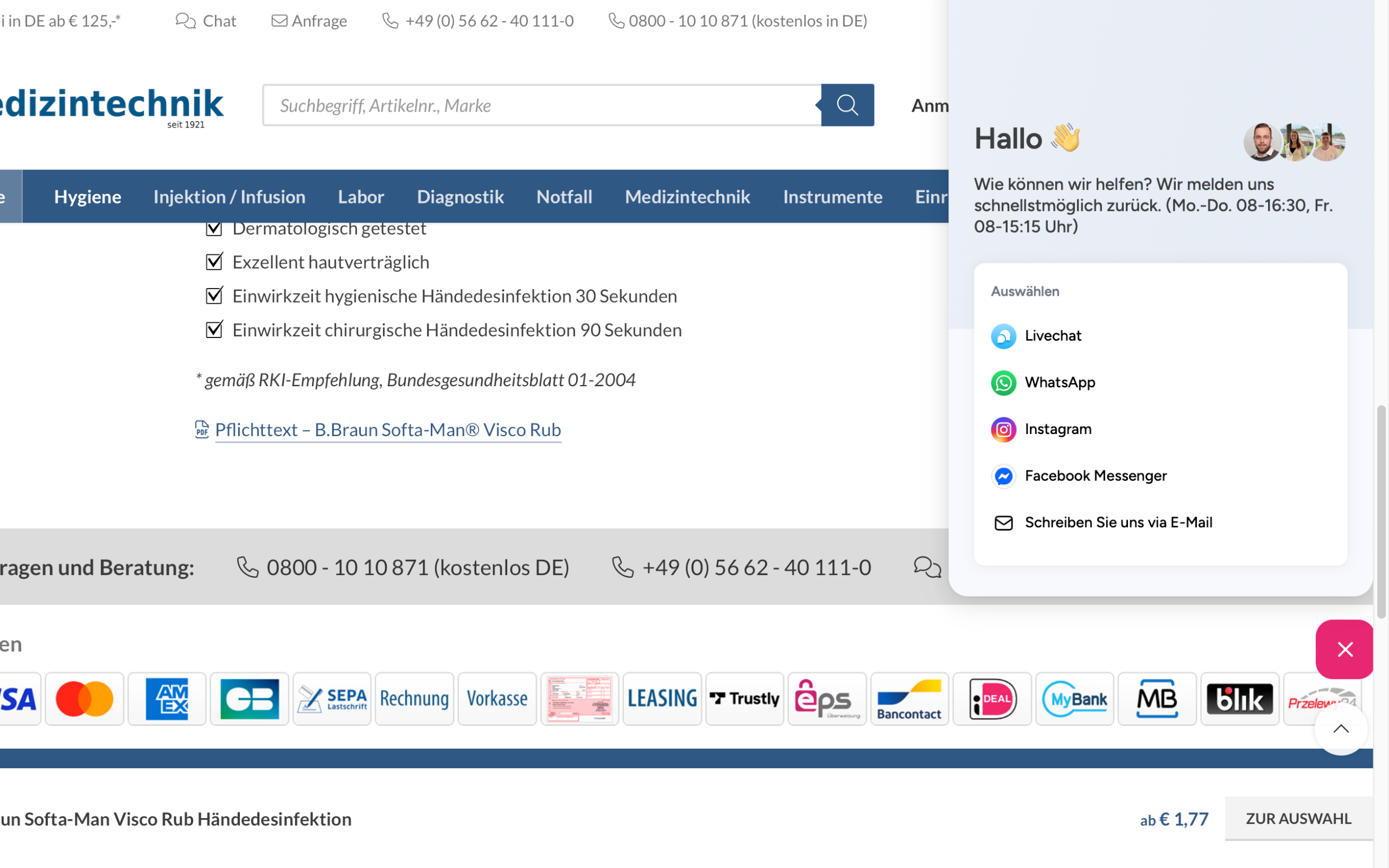 Screenshot-Beleg: KS Medizintechnik — Kriterium 6.2 Live-Chat oder Chatbot