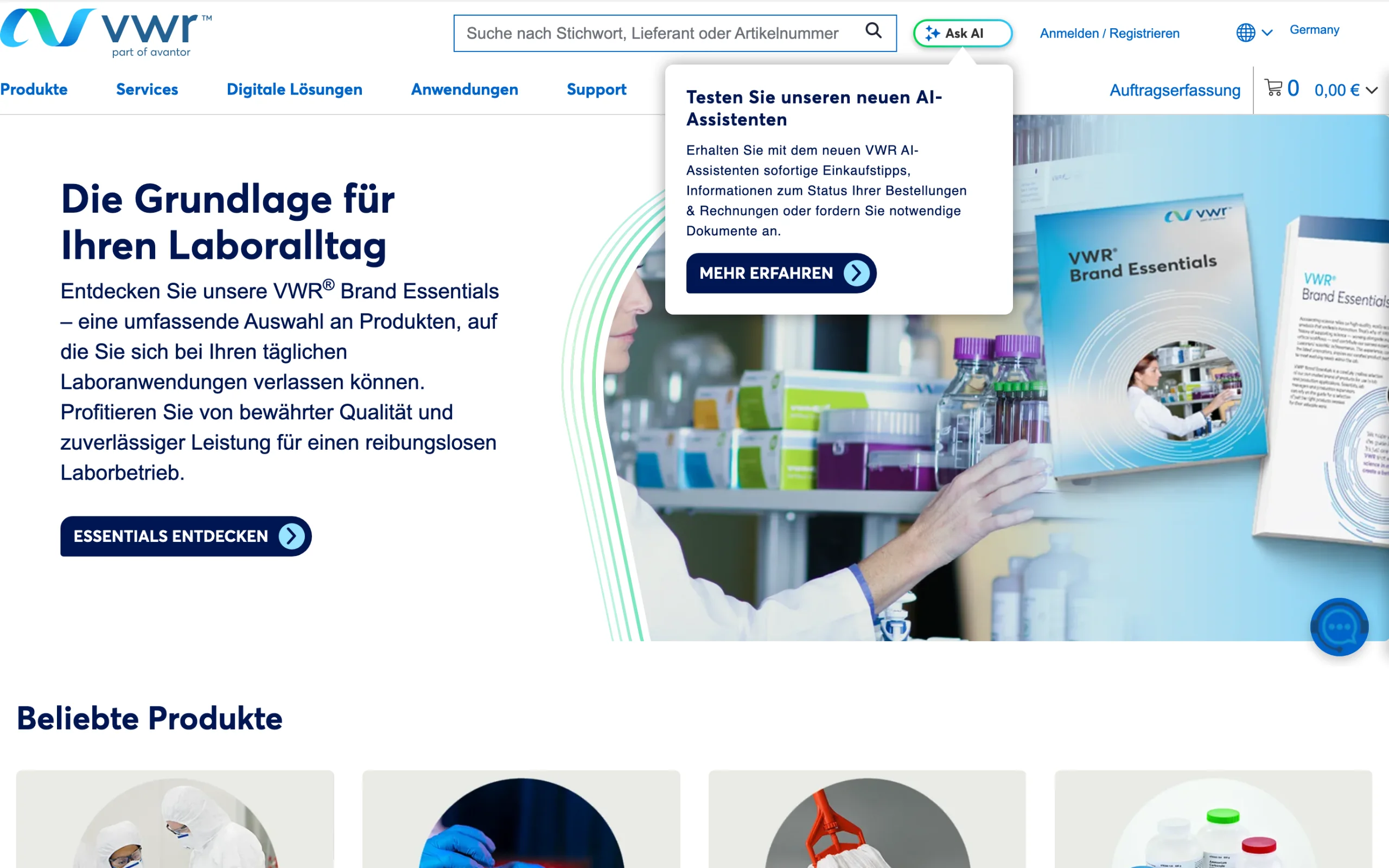 Screenshot-Beleg: VWR / Avantor — Kriterium 2.1 Suchfeld persistent in Top-Bar