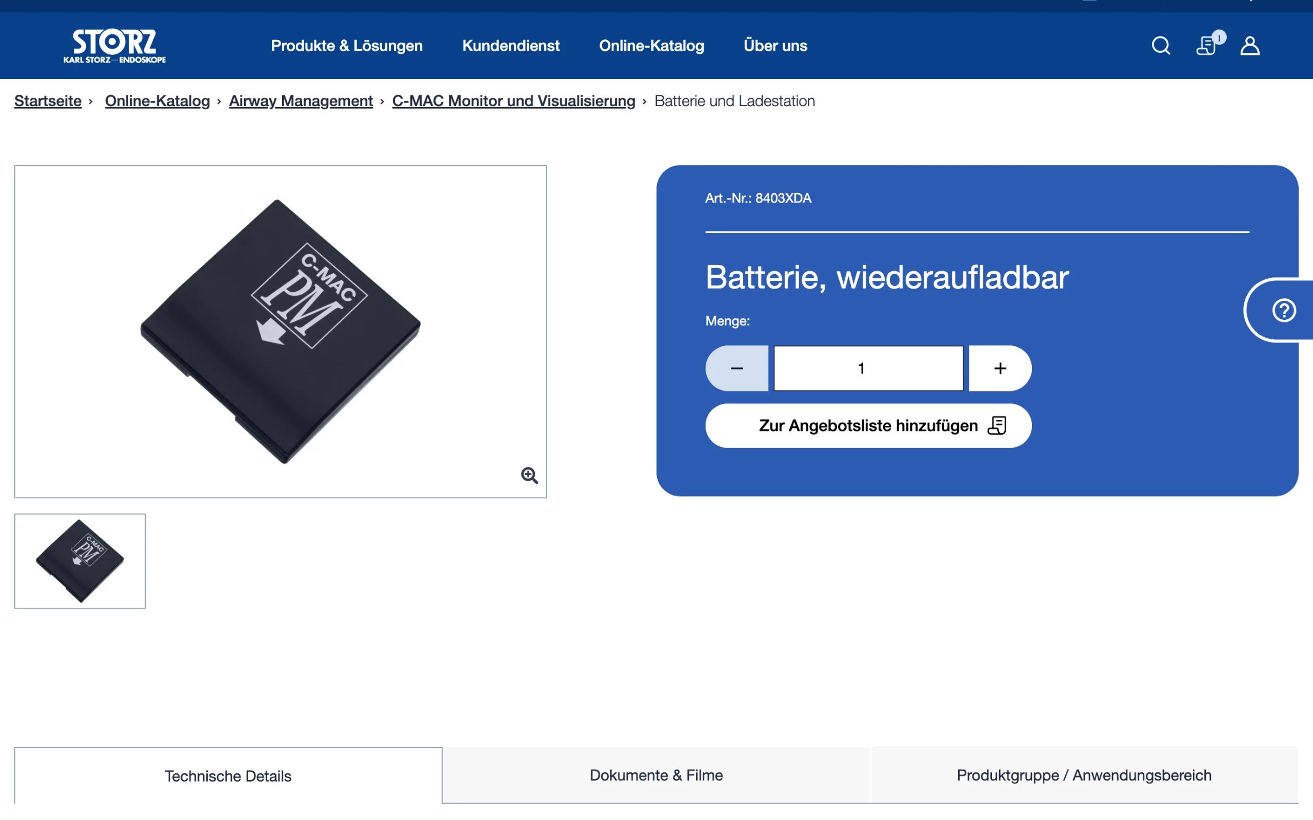 Screenshot-Beleg: Karl Storz — Kriterium 5.1 „Wo kaufen"-Info auf Site