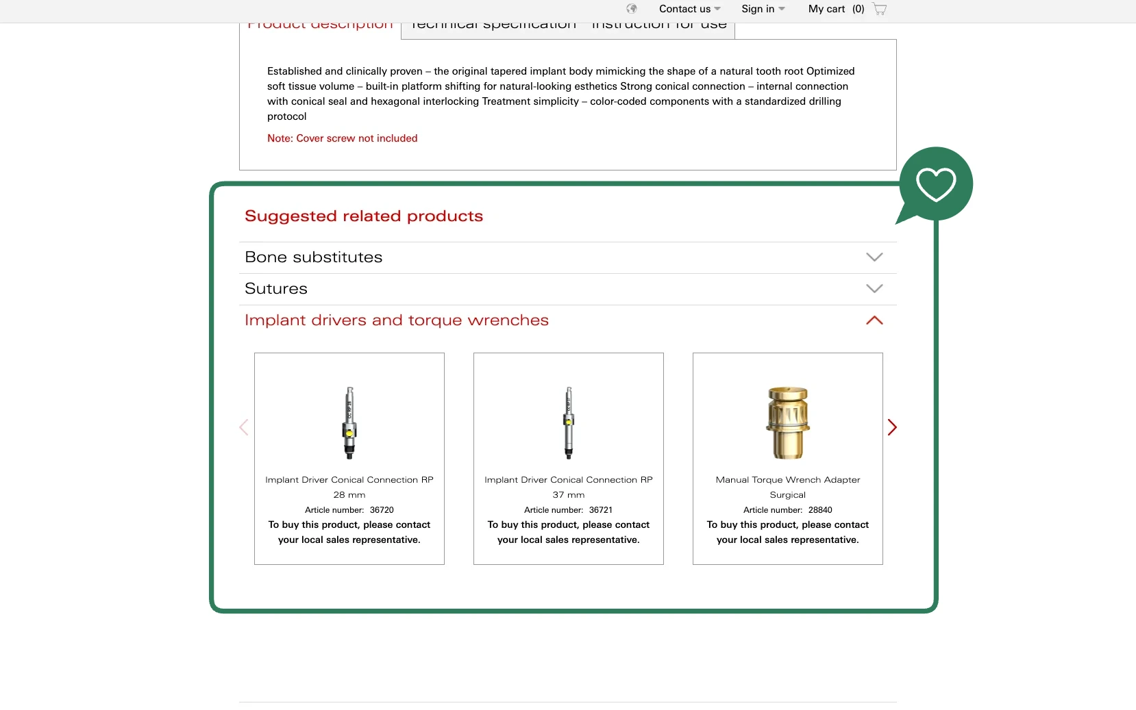 Screenshot-Beleg: Nobel Biocare — Kriterium 4.9 Passende Produkte & Zubehör