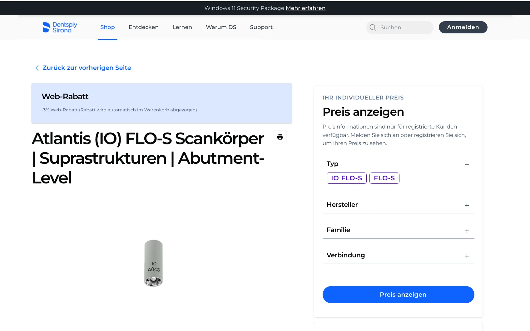 Screenshot-Beleg: Dentsply Sirona — Kriterium 5.1 „Wo kaufen"-Info auf Site