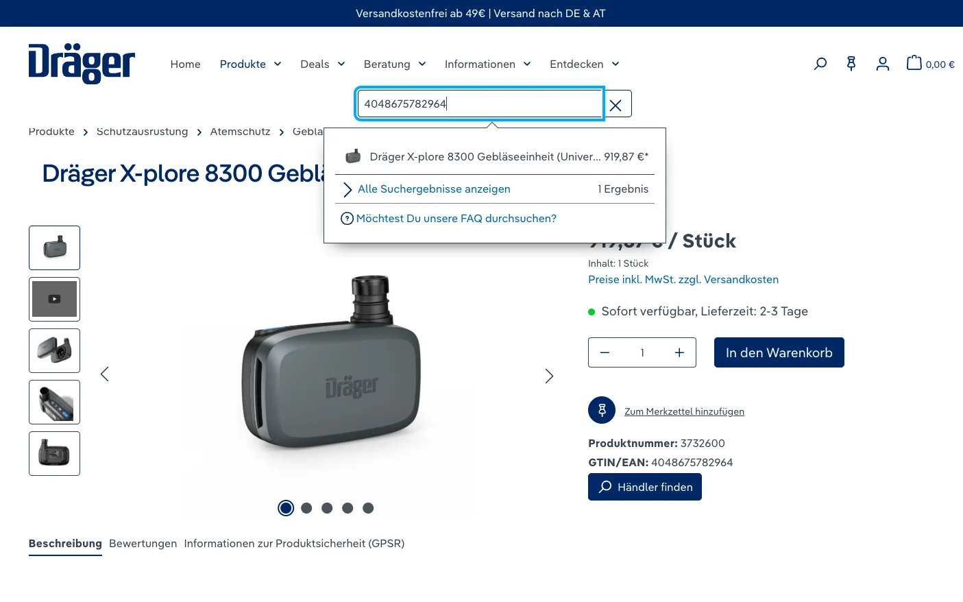 Screenshot-Beleg: Dräger — Kriterium 2.2 Suche per Artikelnr./PZN/REF