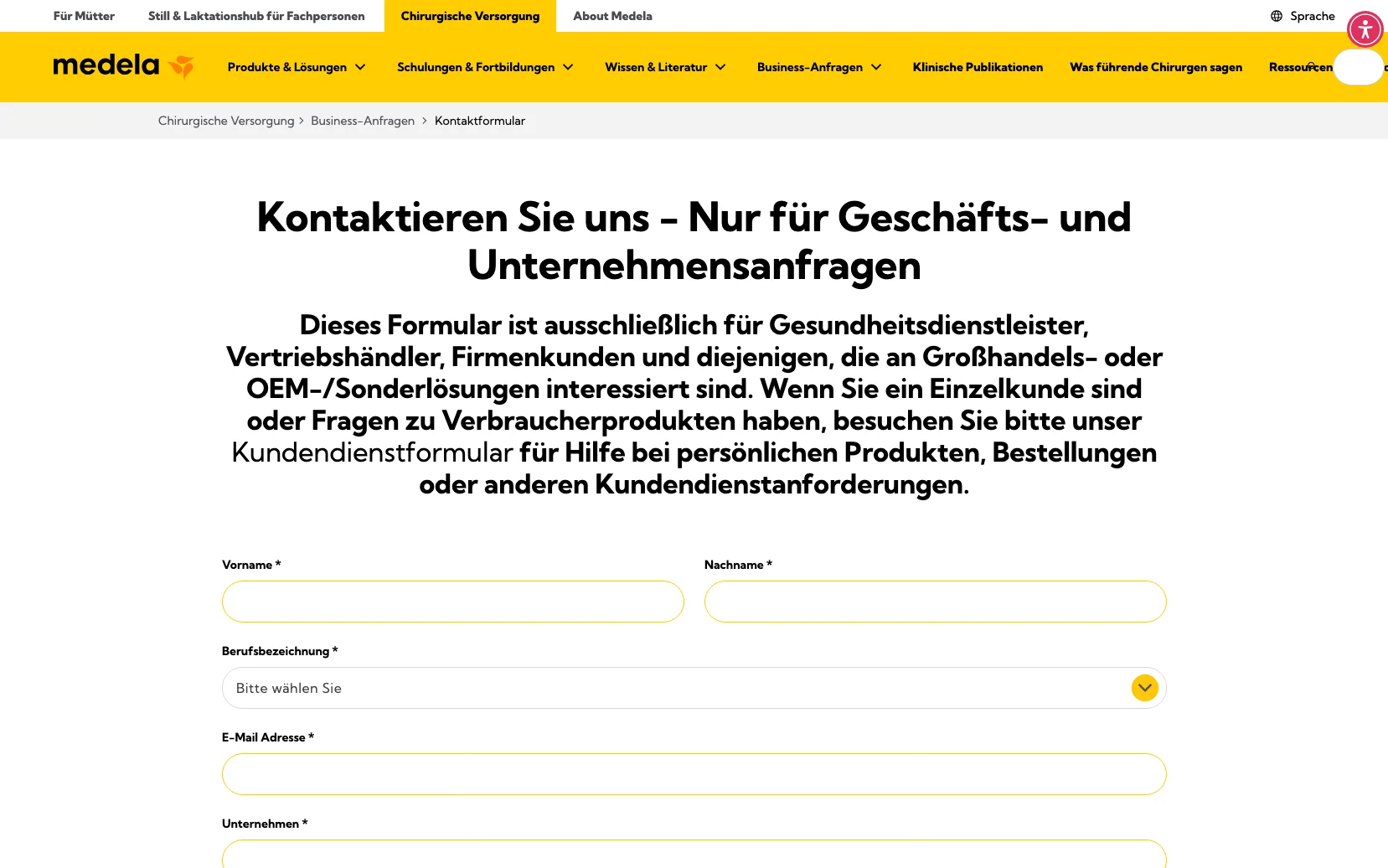Screenshot-Beleg: Medela — Kriterium 4.10 Demo / Trial / Probe anforderbar