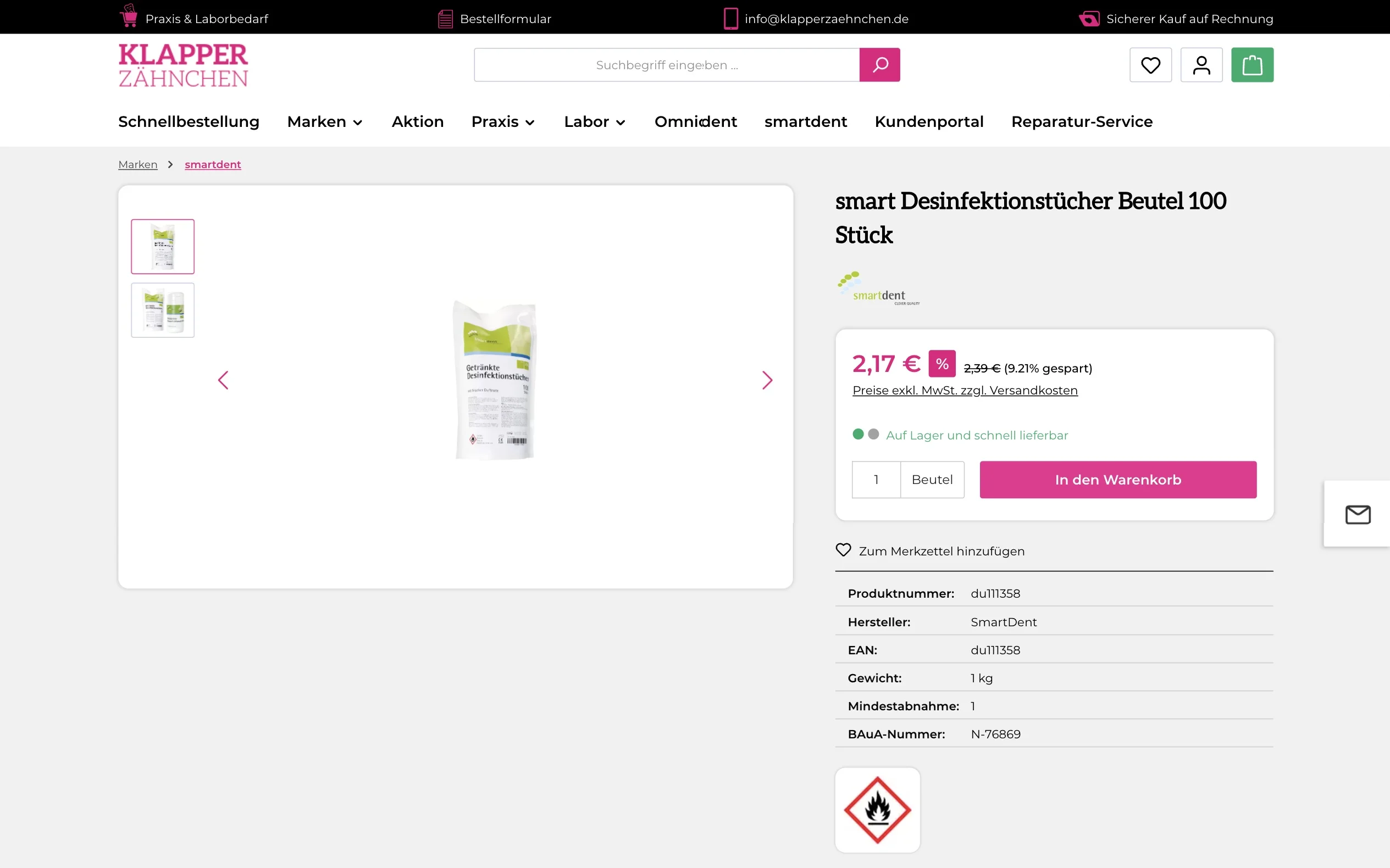 Screenshot-Beleg: Klapperzähnchen — Kriterium 1.2 Grundpreis / €-pro-Einheit