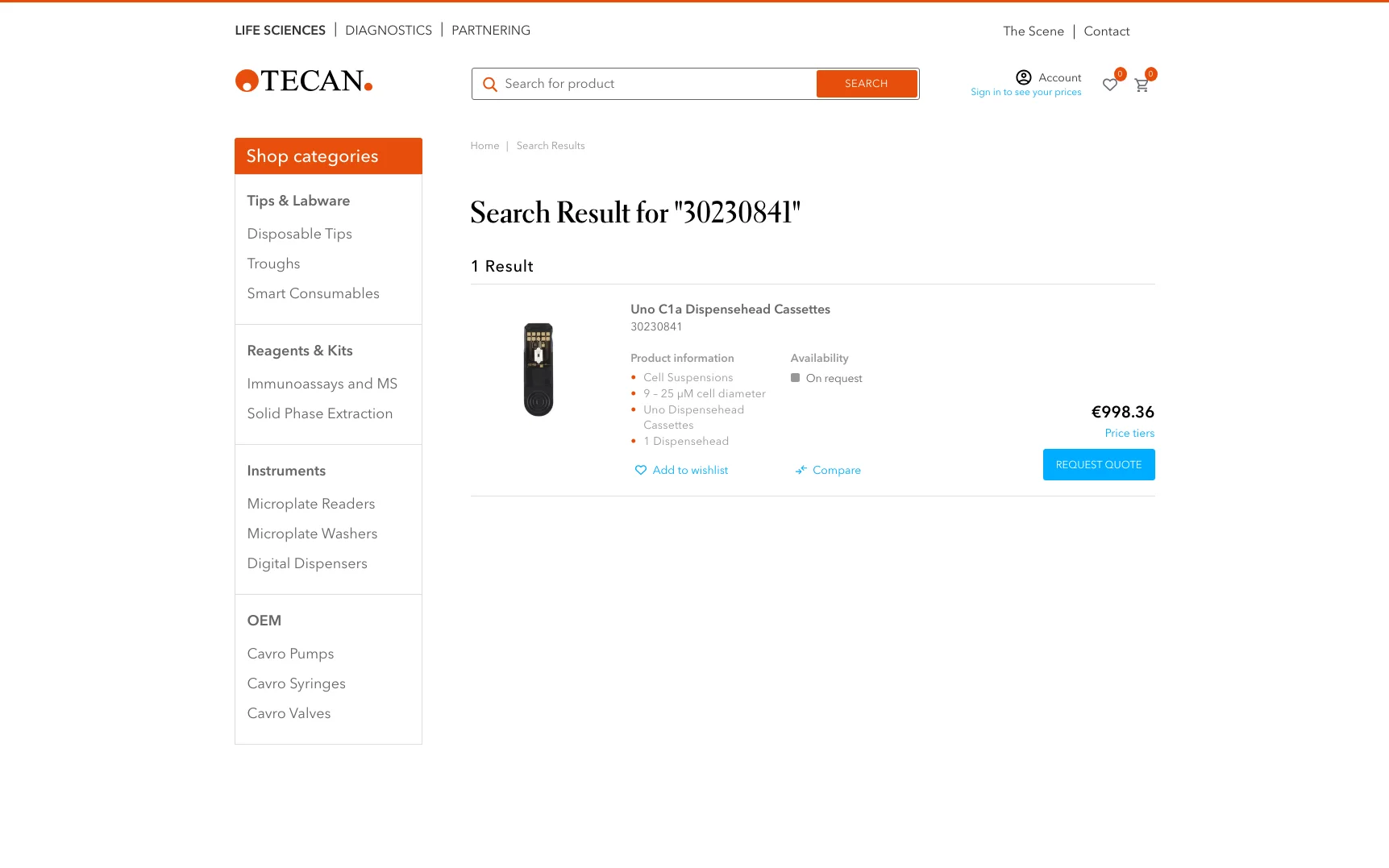 Screenshot-Beleg: Tecan — Kriterium 2.2 Suche per Artikelnr./PZN/REF