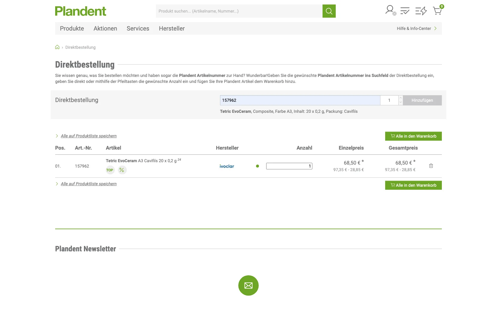 Screenshot-Beleg: Plandent — Kriterium 5.4 Schnellbestellung per Artikelnr.