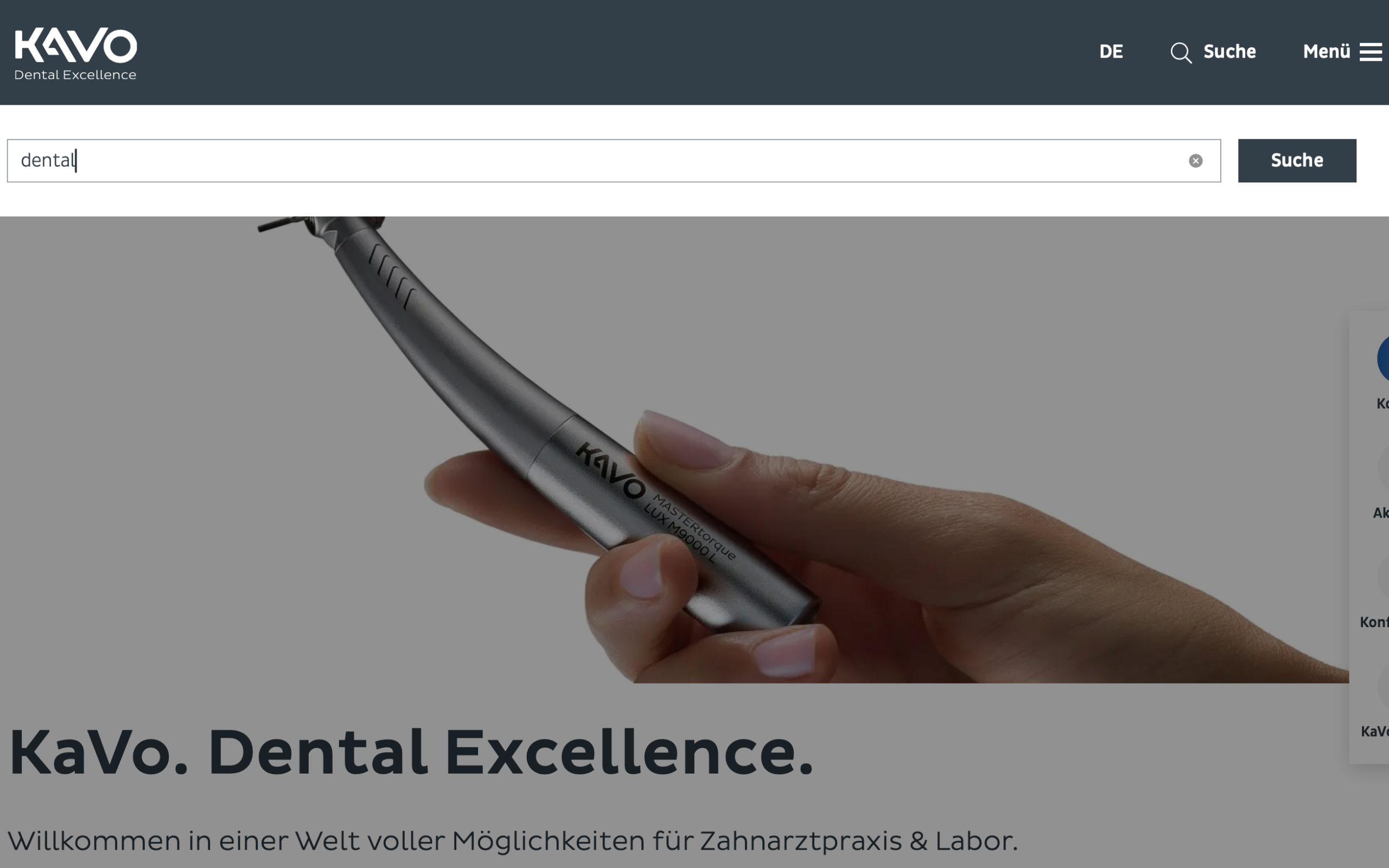 Screenshot-Beleg: KaVo Dental — Kriterium 2.3 Suchvorschläge während der Eingabe