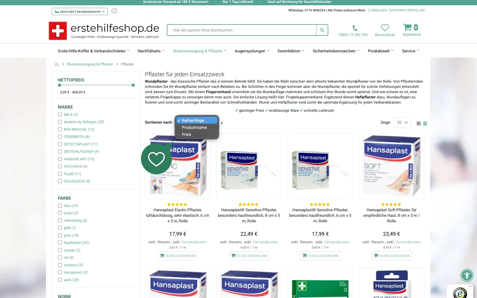 Screenshot-Beleg: erstehilfeshop.de — Kriterium 3.2 Sortieroptionen