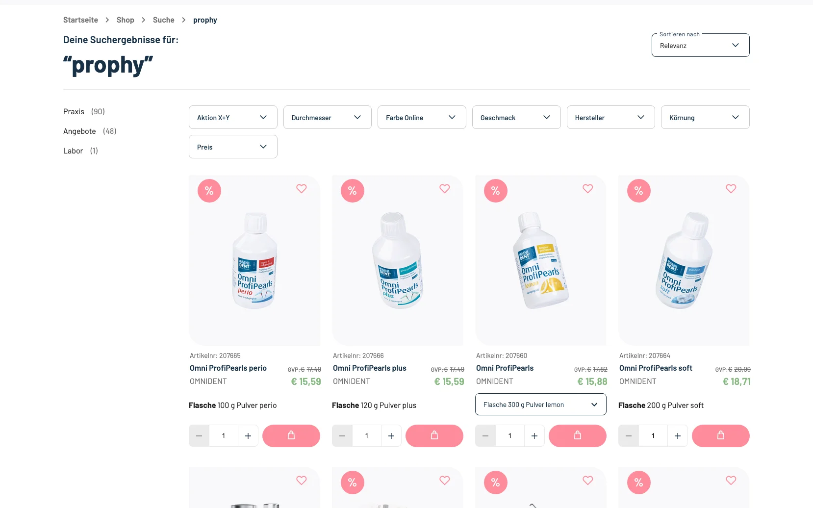 Screenshot-Beleg: Gerl Dental — Kriterium 3.1 Filter in der Produktliste (Anzahl)