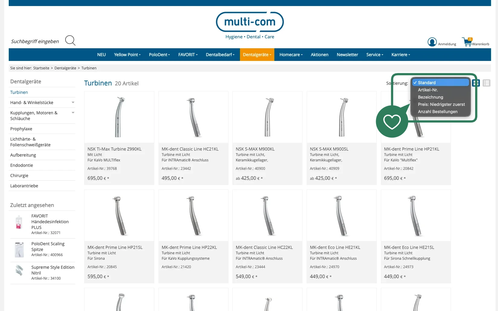 Screenshot-Beleg: multi-com — Kriterium 3.2 Sortieroptionen