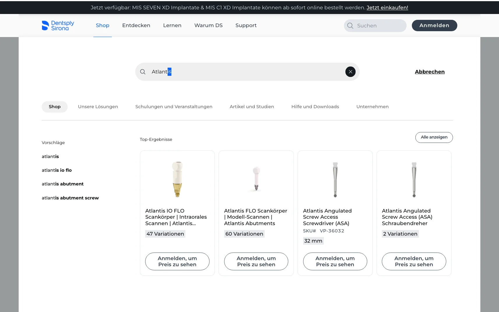 Screenshot-Beleg: Dentsply Sirona — Kriterium 2.3 Suchvorschläge während der Eingabe