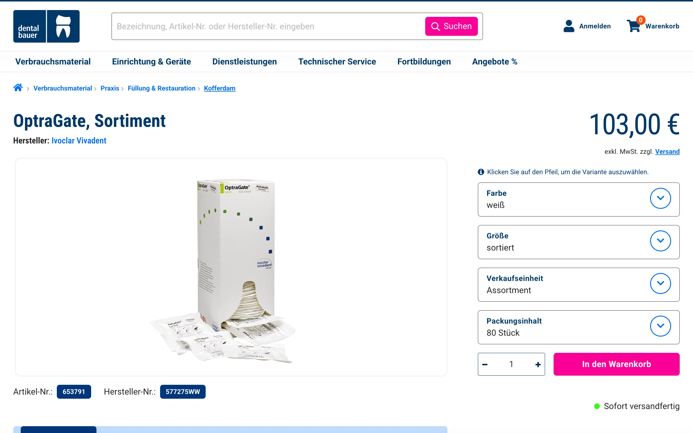 Screenshot-Beleg: Dental Bauer — Kriterium 4.4 Verpackungseinheit / Varianten