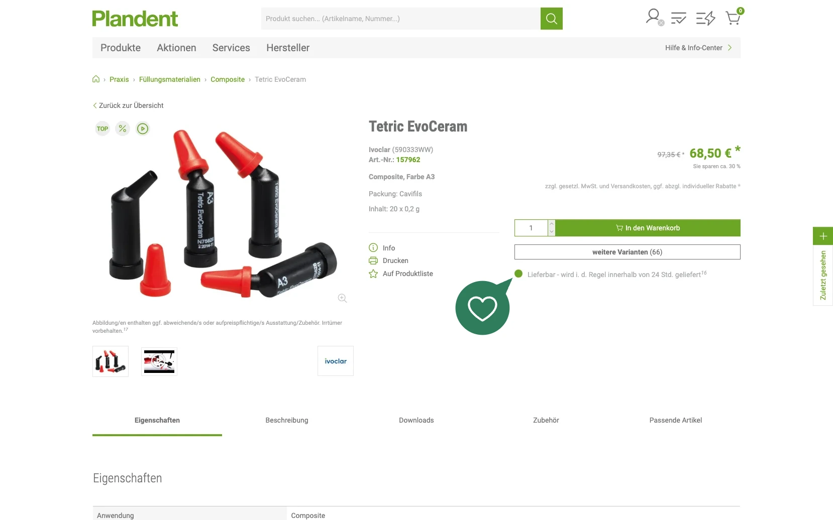 Screenshot-Beleg: Plandent — Kriterium 5.3 Lieferzeit / Verfügbarkeit