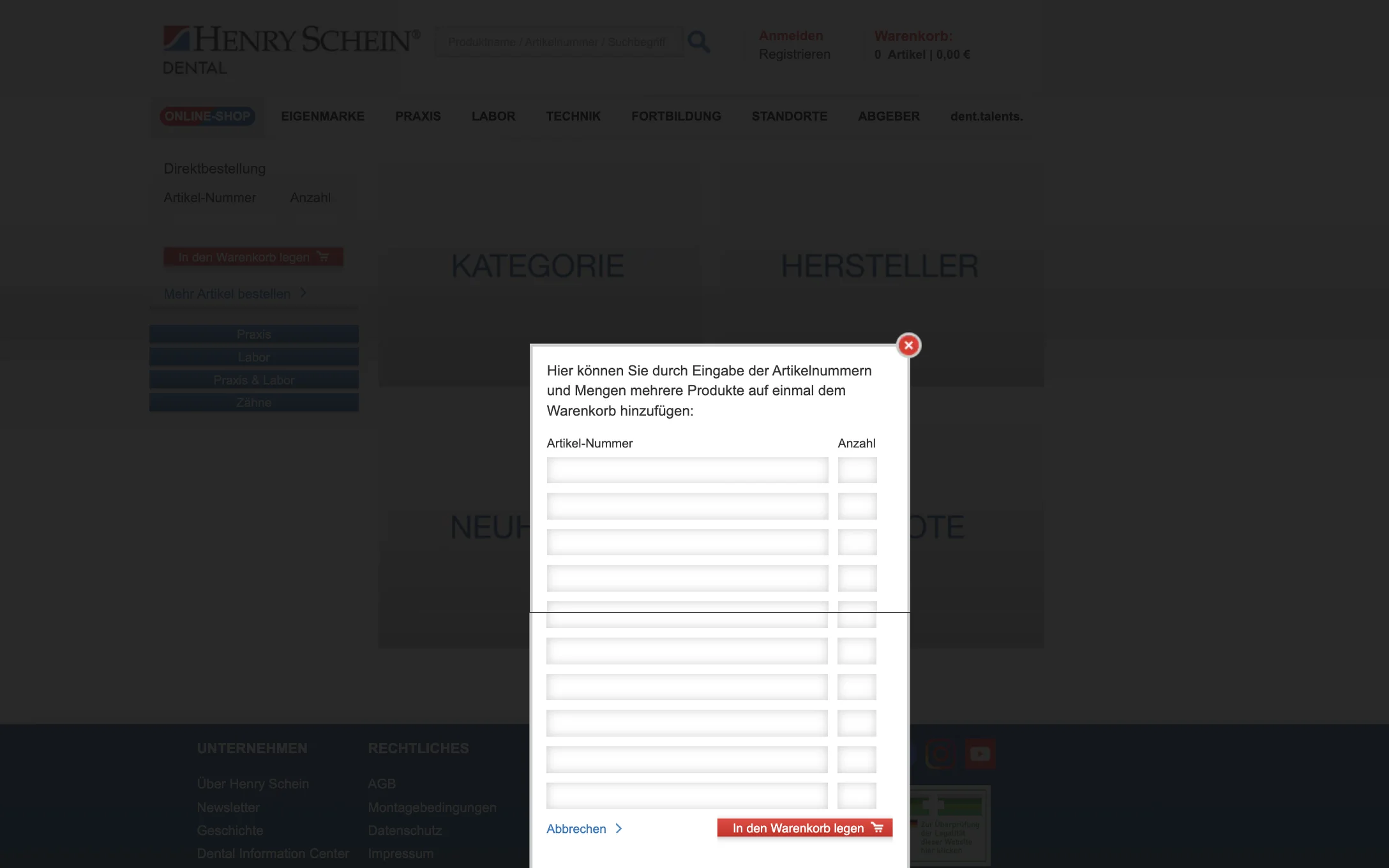 Screenshot-Beleg: Henry Schein Dental — Kriterium 5.4 Schnellbestellung per Artikelnr.