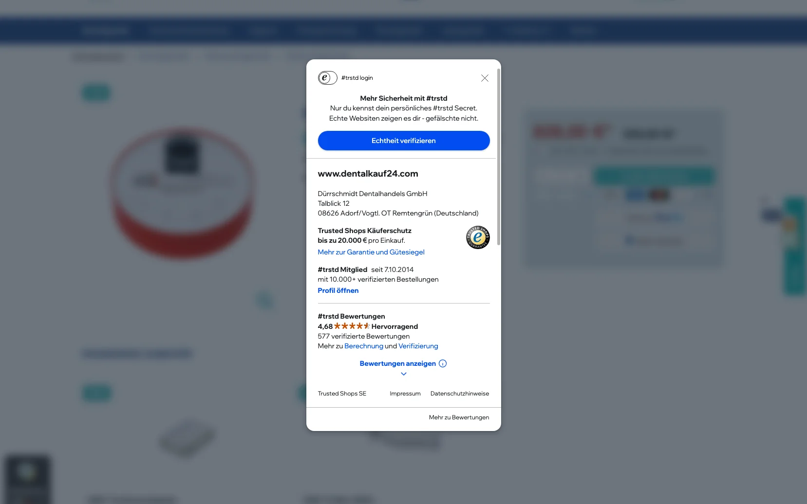 Screenshot-Beleg: Dentalkauf24 — Kriterium 4.8 Detail-Bewertungen mit Text