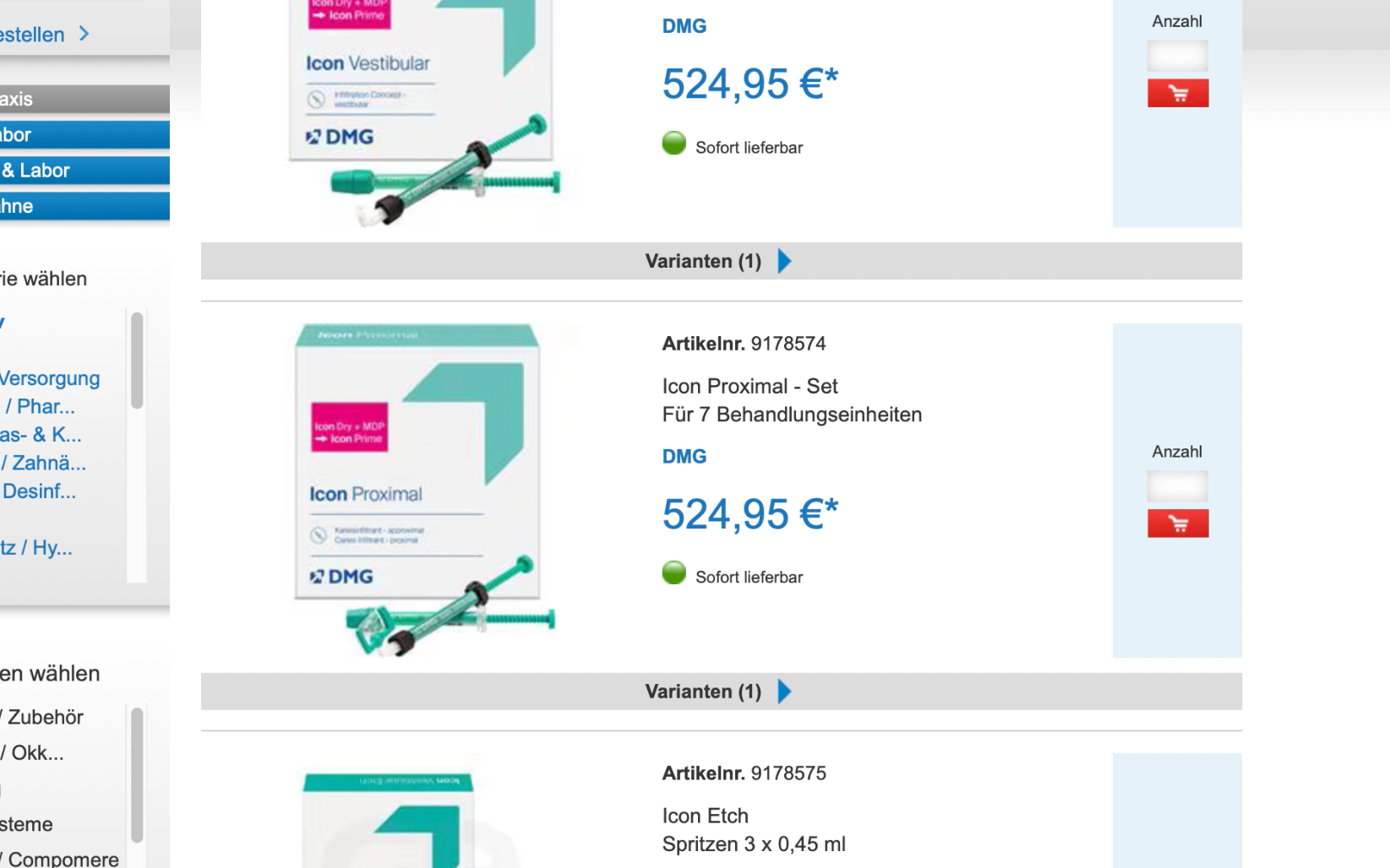 Screenshot-Beleg: Henry Schein Dental — Kriterium 3.3 Produktidentifikation in der Produktliste