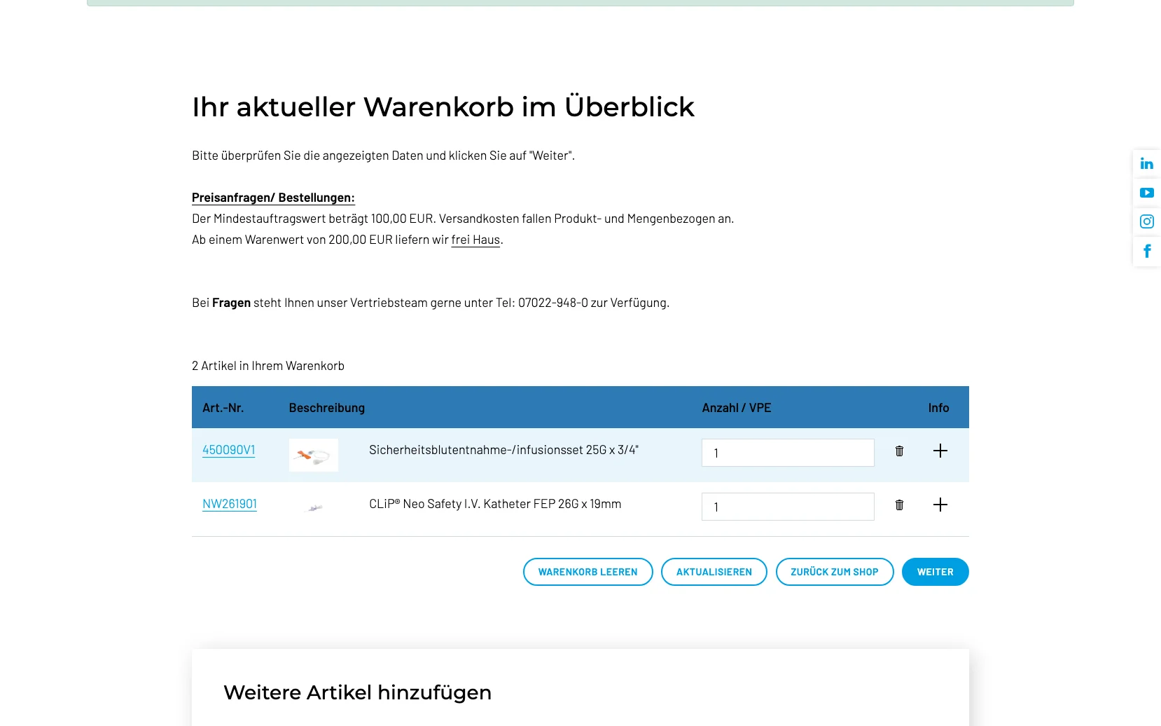 Screenshot-Beleg: Greiner Bio-One — Kriterium 5.1 „Wo kaufen"-Info auf Site