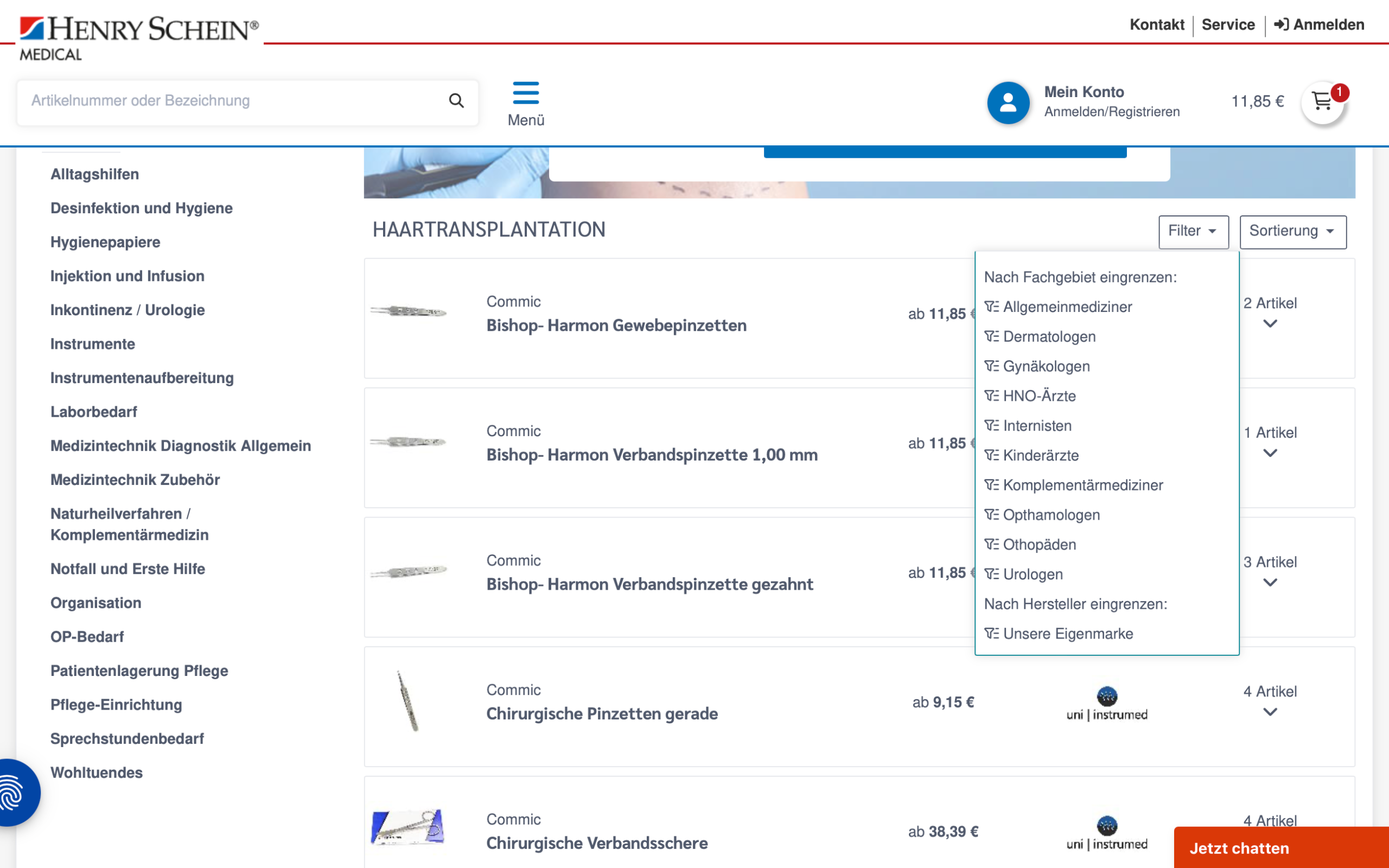 Screenshot-Beleg: Henry Schein Medical — Kriterium 3.1 Filter in der Produktliste (Anzahl)