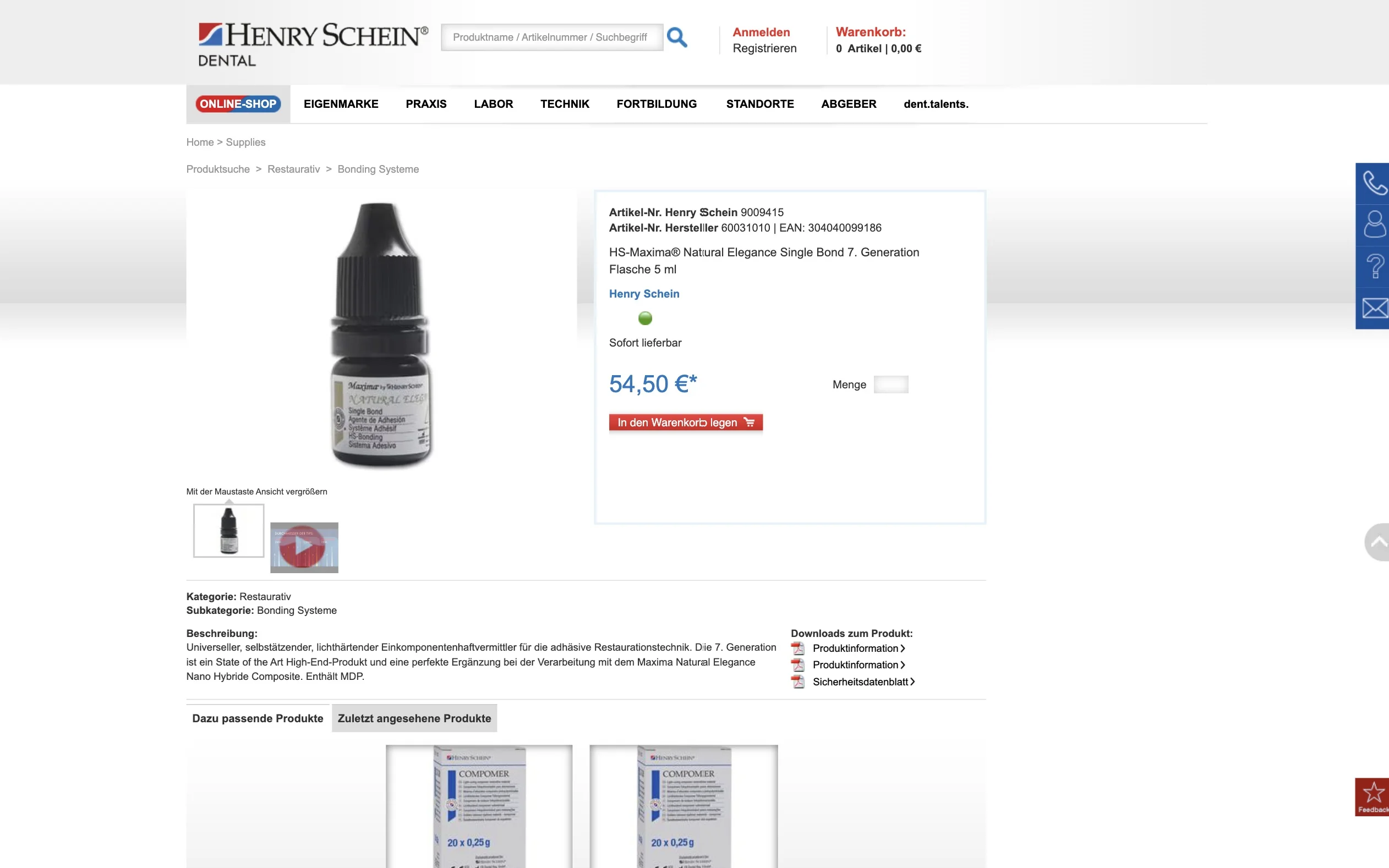Screenshot-Beleg: Henry Schein Dental — Kriterium 1.2 Grundpreis / €-pro-Einheit