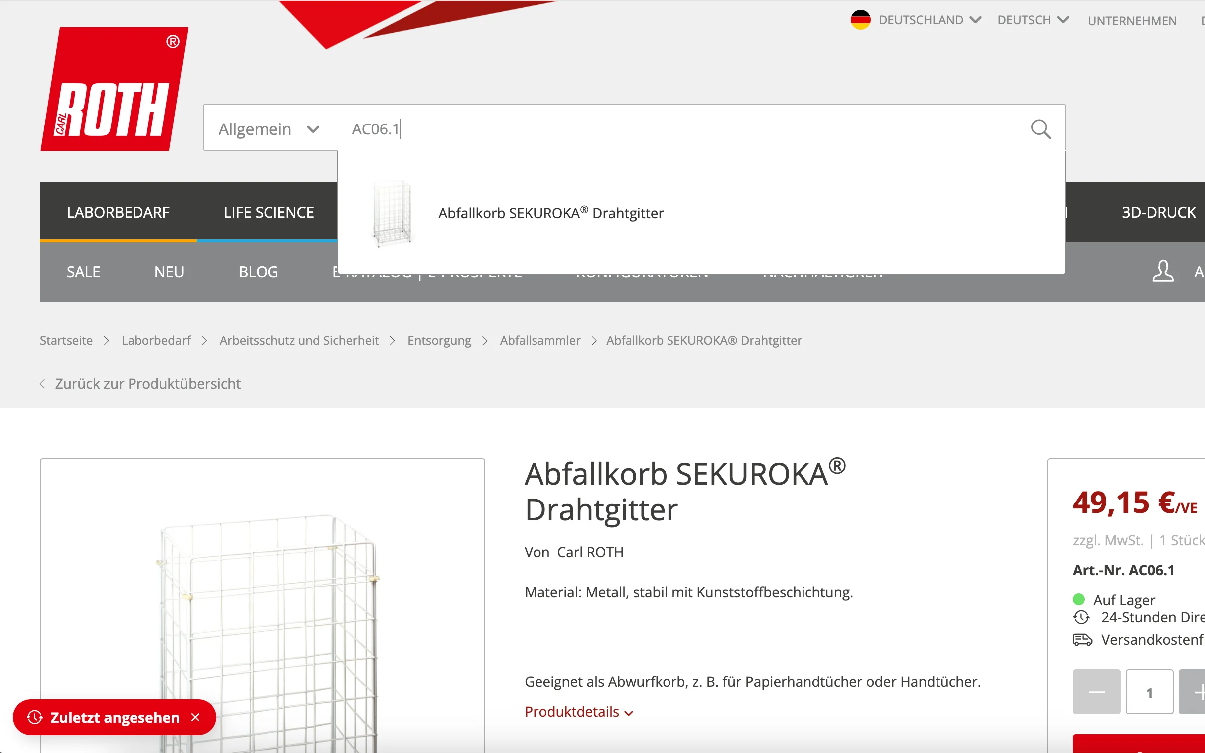 Screenshot-Beleg: Carl Roth — Kriterium 2.2 Suche per Artikelnr./PZN/REF