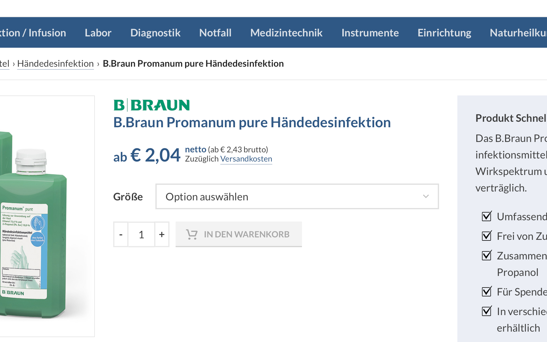Screenshot-Beleg: KS Medizintechnik — Kriterium 4.4 Verpackungseinheit / Varianten