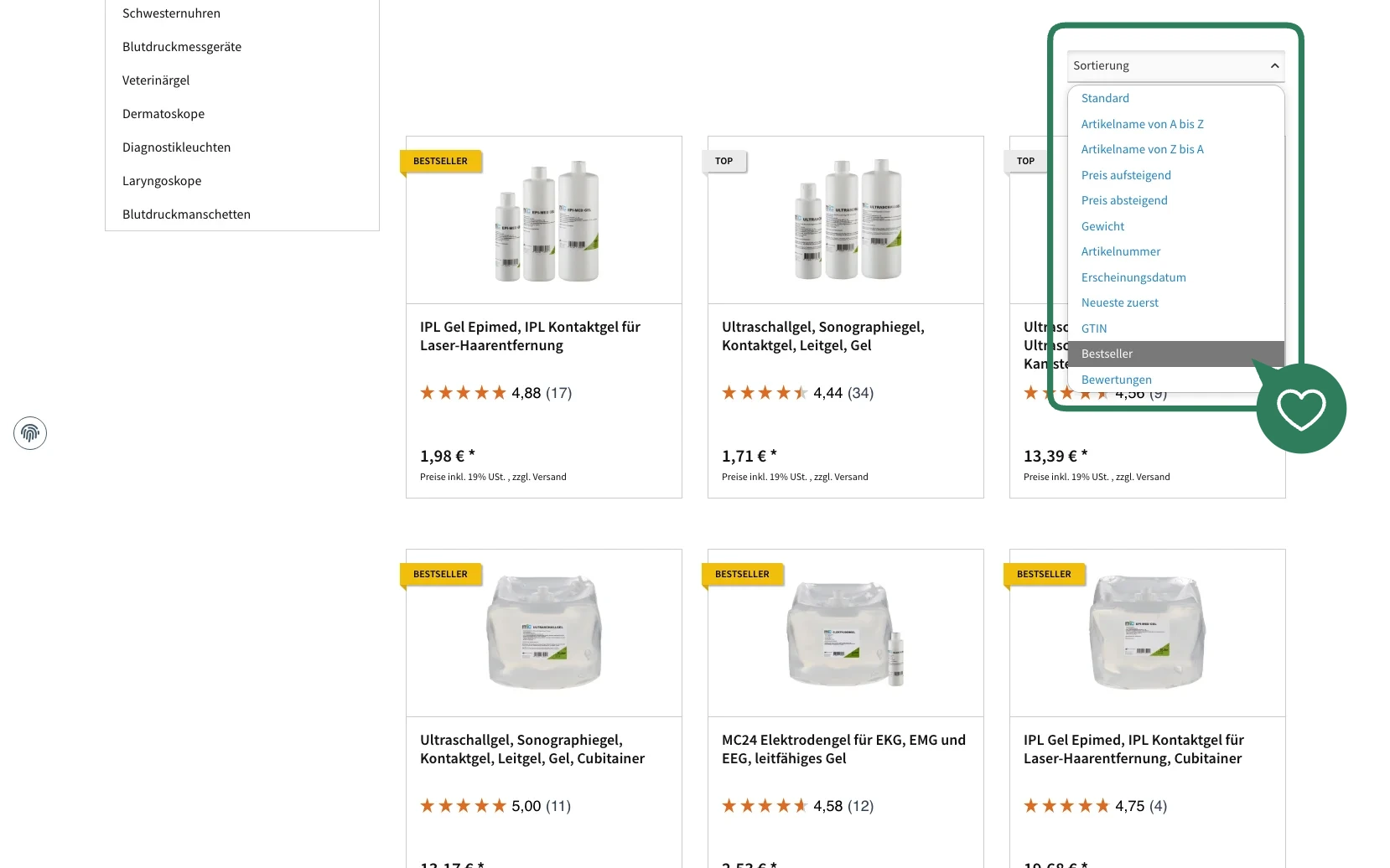 Screenshot-Beleg: medicalcorner24 — Kriterium 3.2 Sortieroptionen