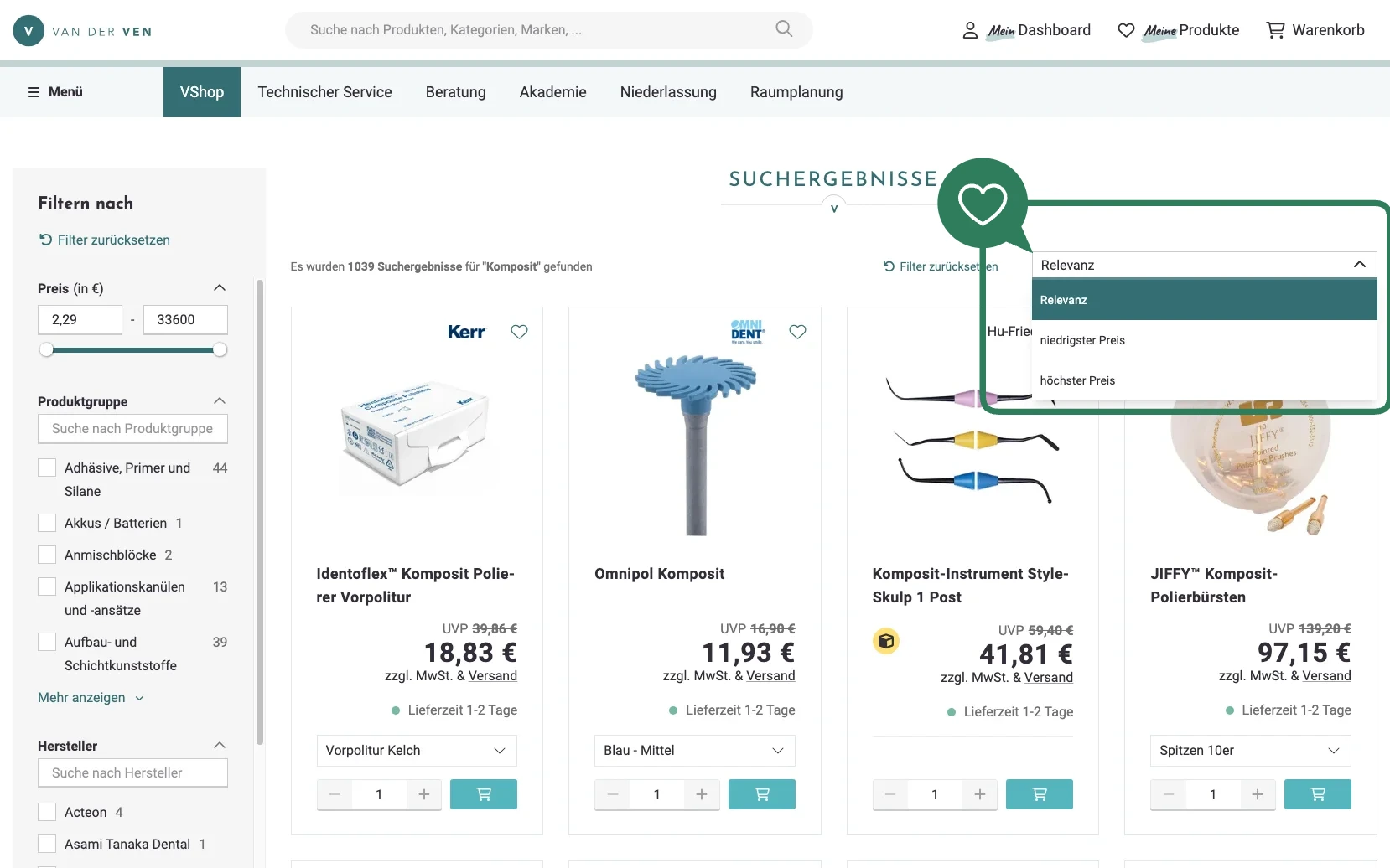 Screenshot-Beleg: van der Ven Dental — Kriterium 3.2 Sortieroptionen