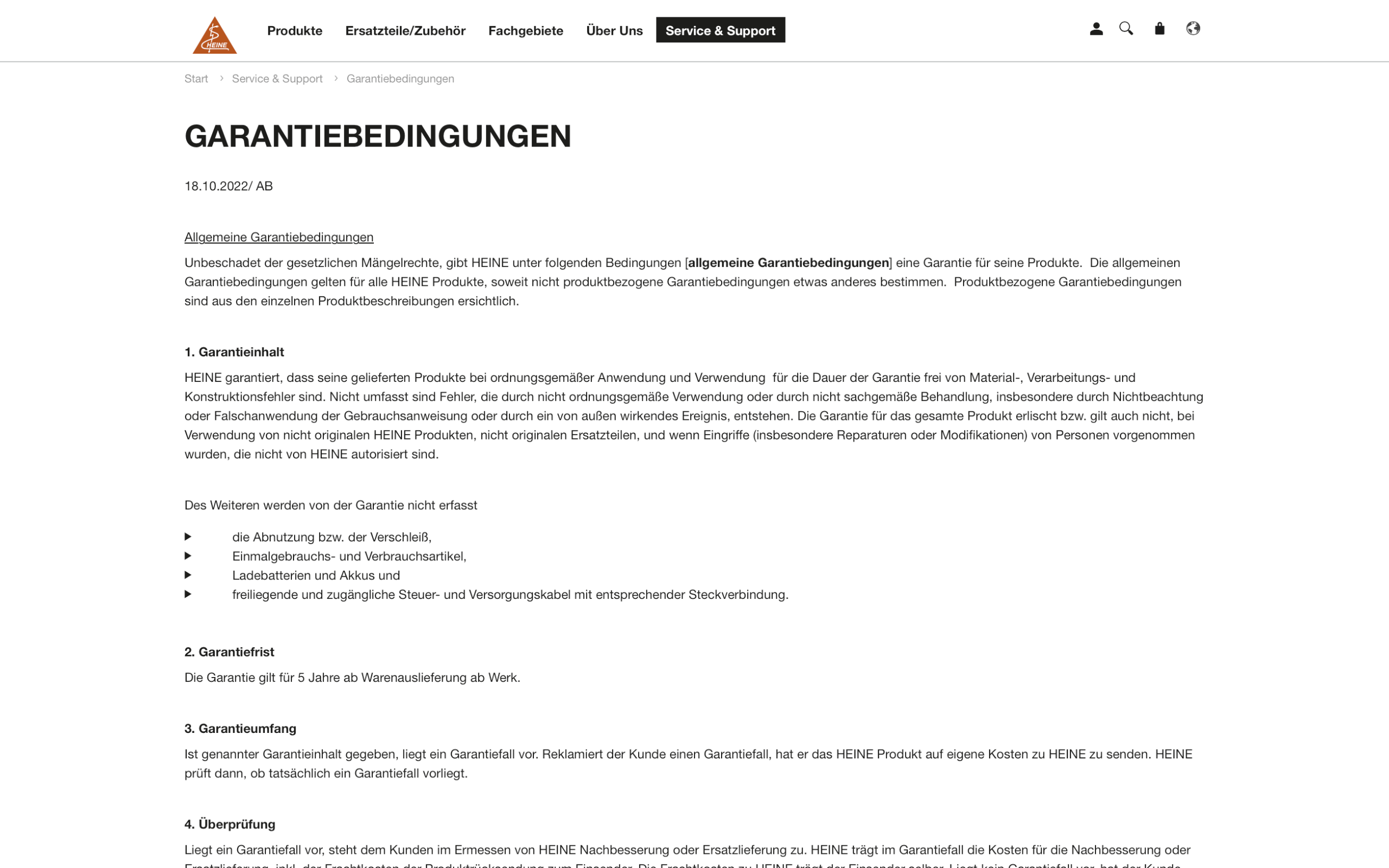 Screenshot-Beleg: Heine Optotechnik — Kriterium 6.5 Service- / Wartungs-Bereich