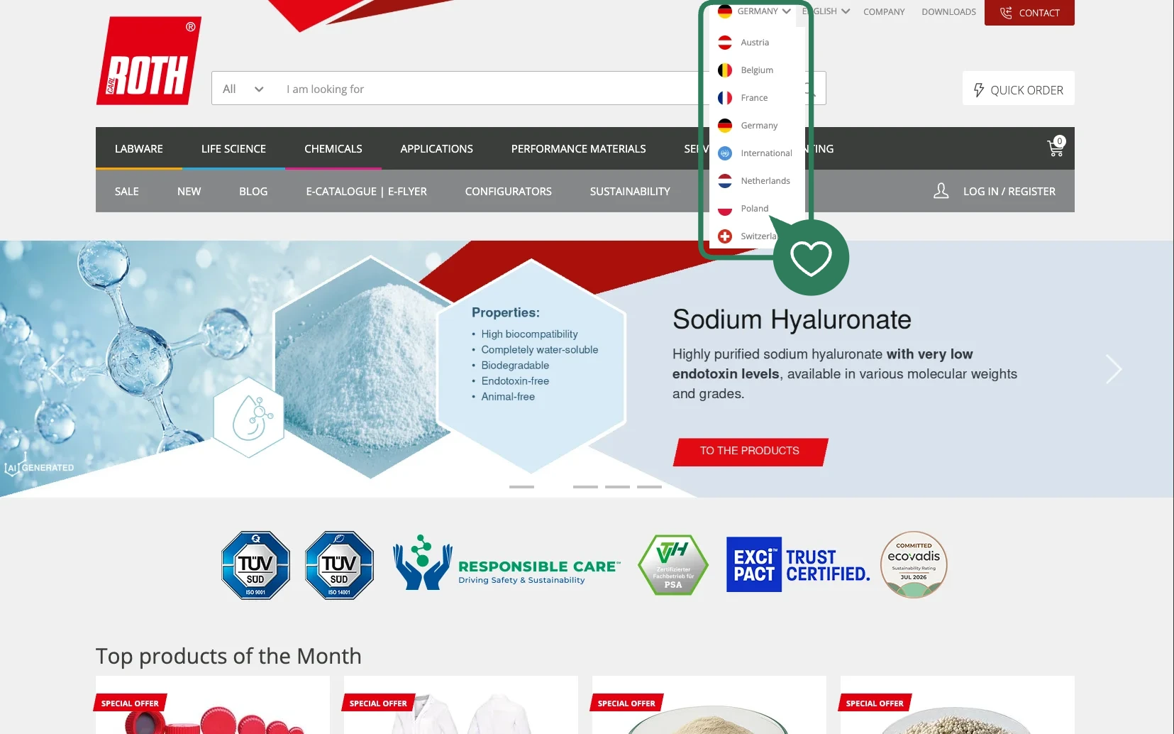 Screenshot-Beleg: Carl Roth — Kriterium 1.5 Sprachauswahl