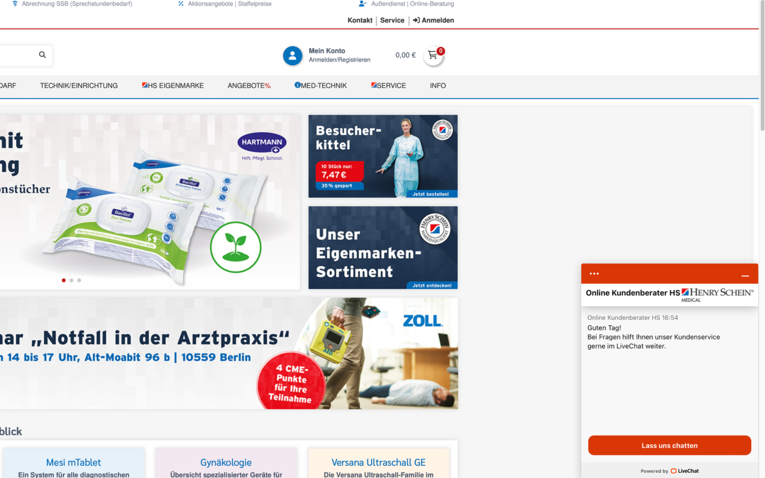 Screenshot-Beleg: Henry Schein Medical — Kriterium 6.2 Live-Chat oder Chatbot